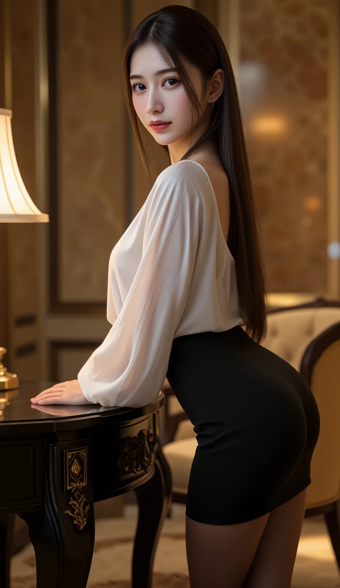 A hyper-realistic photograph featuring a slender ,sexy young East-Asian woman in an elegant, dimly-lit indoor setting. The composition is framed from a lower angle, capturing her entire figure as she leans slightly forward against a dark, ornate table. Her long, straight black hair flows smoothly down her back, accentuating her poised and sophisticated appearance. She is dressed in a white, loose-fitting blouse with subtle draping at the sleeves, which contrasts beautifully with the fitted black skirt she wears. The skirt hugs her waist and hips, enhancing her sleek silhouette, while her legs are covered in sheer black tights that complement her black high heels.
The lighting in the room is warm and soft, primarily coming from a nearby lamp placed on the ornate table. This gentle illumination highlights the woman's face and upper body, casting a soft glow on her skin and subtly reflecting off the polished surface of the table. The intricate carvings of the table’s legs add an additional layer of depth to the image, drawing the viewer’s eye along the length of the furniture and the woman’s form.
In the background, a luxurious marble wall and plush, golden upholstered chairs contribute to the upscale, refined ambiance of the room. The low angle and slight perspective distortion make the setting feel grand and elegant, emphasizing the height and grace of the woman as she gazes back at the camera with a subtle, knowing smile. The combination of her confident pose, the rich textures of her clothing, and the luxurious surroundings creates an image that feels both intimate and refined, capturing a moment of poised elegance