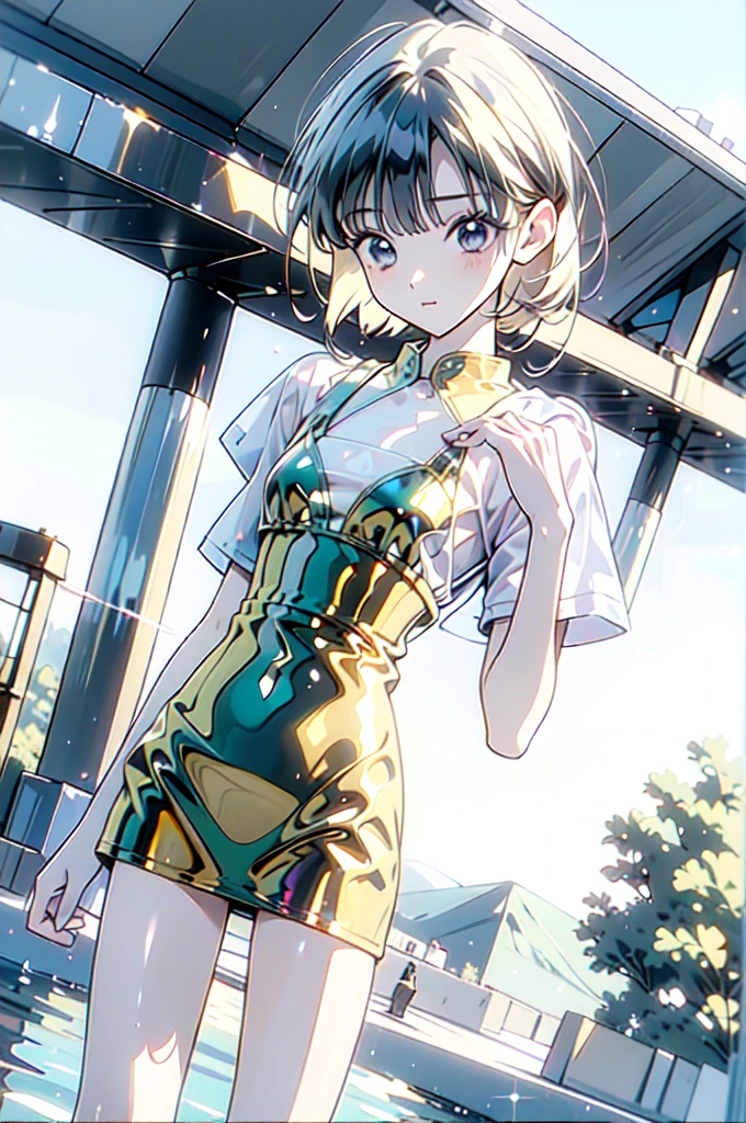 (High resolution, accurate, Best Quality, Anatomically correct, masterpiece, 8k), dutch angle, 1 girl, by the pool side, gold bikini, shiny glossy iridescent clothes, shiny glossy skin, wet hiar, wet body, dynamic pause, DOF, lens flare