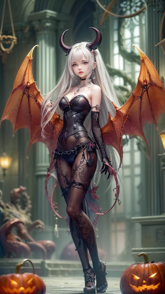 ( Photorealistic:1.9, Dark fantasy:1.9, Best Quality, masterpiece,  super high definition ),  perfect dynamic composition :1.3,  Horror Portrait ,  Halloween ,  lots of pumpkins :1.3,  vampire,  slave,  Dark Demon World , Satanic, ( Wear elegant jewelry :1.4,  Wear elegant jewelry :1.4),  very detailed な肌と顔の質感:1.3, Very accurate,  very detailed , ( Her left foot is tightly chained {x} Please feel the beautiful eroticism {x} Sexy Succubus Devil with big wings:1.3,  Wear countless chains entangled in clothes :1.3, beautiful、Midea:1.3), Horn,  white skin, Sensual posture, (( Wear elegant jewelry :1.3)), ( Big Eyes That Exude Eroticism :0.4,  Please open your mouth a little, lipstick, beautifulエロティシズムを感じてください:0.9, Too sexy:0.9, charm的な:0.9), ((Bloody:1.5, Covered in scars:1.5, Necrosis :1.6, Many major chain stores:1.6,  Have countless chains entangled in clothes :1.6, Chain your right arm:1.5, Chain the left arm:1.5,  Properly put on clothing :1.5,  Incredibly slim body :1.5)),  Super Long Blonde Curly Hair ,  earrings with cups, necklace,  bracelet, romantic, Mysterious,  elegant, The object of admiration, original, dramatic, Artistic, Innovative, charm, Heartful, Gorgeous, sense of exaltation, Feelings of despair, sense of openness, sense of cleanliness , Special,  exciting , grotesque, Extreme, , sense of loss, sorrow, sorrowの表現, ((悪魔のcharm, 女性的なcharm))