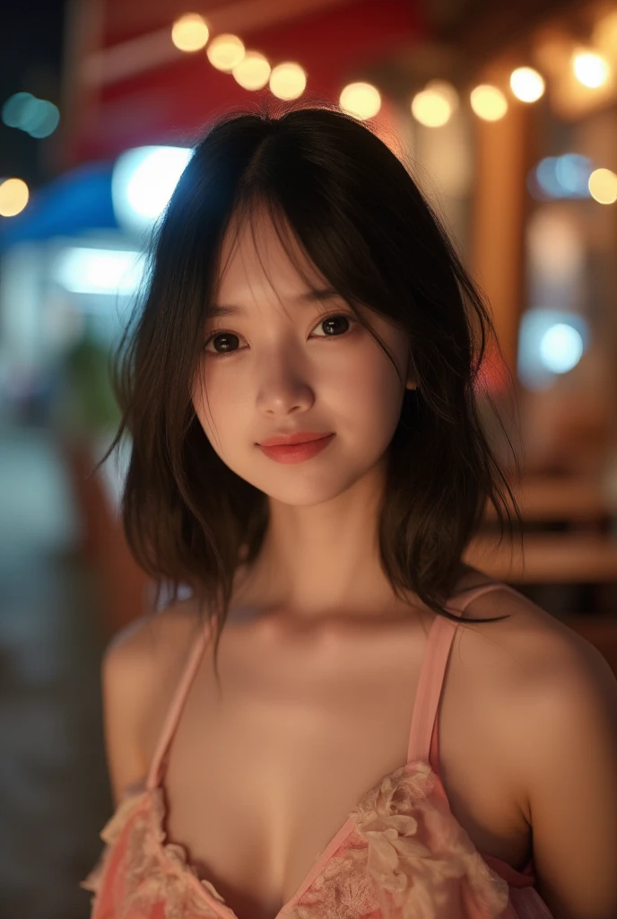 photo of young woman, highlight hair, sitting outside restaurant, wearing dress, rim lighting, studio lighting, looking at the camera, dslr, ultra quality, sharp focus, tack sharp, dof, film grain, Fujifilm XT3, crystal clear, 8K UHD, highly detailed glossy eyes, high detailed skin, skin pores