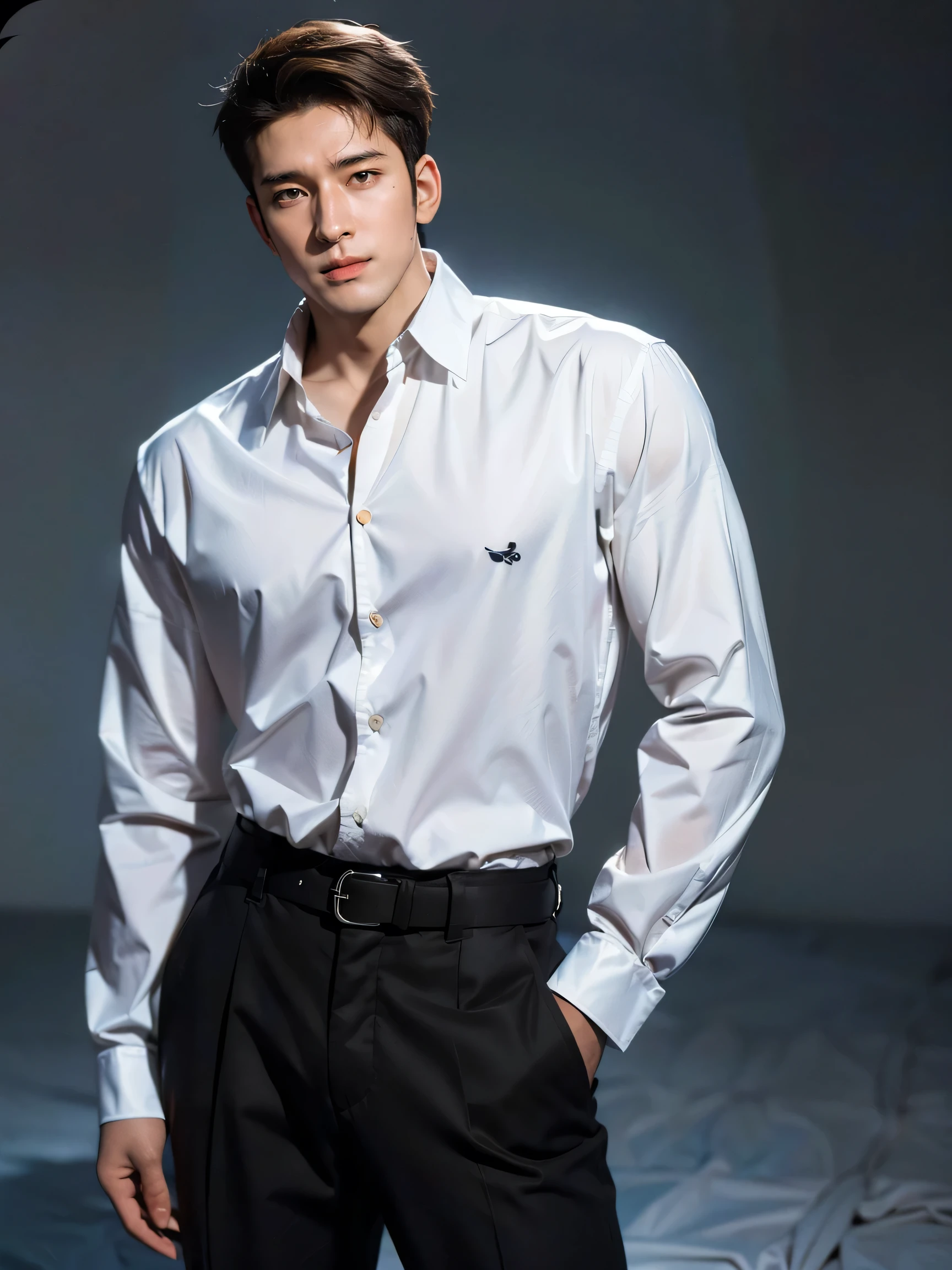 photography, masterpiece, best quality, 8k, highres, A Yung man，20 years old，Height 190cm,Tall model figure,(The most handsome man in the world)，(((brown hair))) , (asian man:2) ,(black eyes),  ((Korean man)), (((Asian Men))),handsome, with a sexy body, He poses handsomely，He is a Korean idol，((half body shot))，((half body shot))，(digital photography,realistic,Photorealistic,Photoreal) ,(bestquality), (top-quality), (high-level image quality), (macular man ),(dark skin:1.8),(macular man ),((alone)) ,(long pants),Korean Fashion,((complete clothes))，(((buttoned shirt))),(((buttoned shirt))),( long Pants)，long sleeve shirt,trousers, shirt ，oversized，belt, short hair， Special Design shirt ，Fashion shirt ,Black and White Dress , handsomely pose,trousers, half body shot，Handsome model pose , (((half body standing shot)))，denim trousers，(alone:1.2)