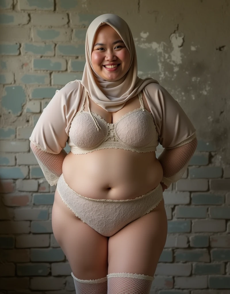 Raw, best quality, masterpiece, Ultra-realistic, ultra-detailed, Malay girl in hijab wearing lace bra, full body, plump body, thick body, portrait photography, mid shot photo, ultra detail, professional photograph with professional lighting, smile, light blue studio background, sexy seducing pose, curvy, at mountain