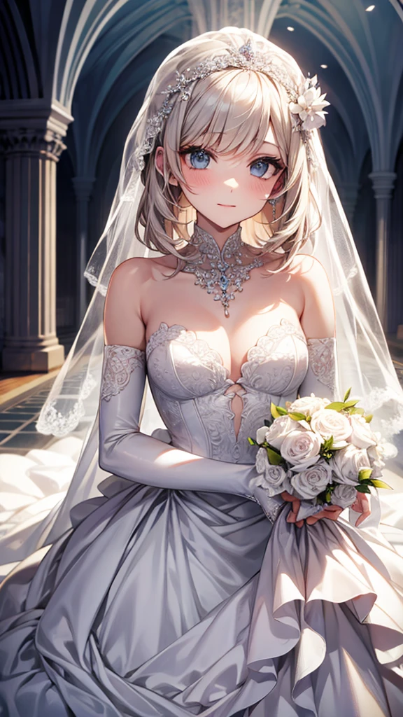 (masterpiece:1.2, top-quality, ultra high res, ultra detailed), (realistic, photorealistic:1.4), beautiful illustration, (natural side lighting, movie lighting), depth of fields,
looking at viewer, bust photo, 1 girl, 16 years old, perfect face, (perfect anatomy), cute and symmetrical face, baby face, shiny skin, slender
(long hair:1.8, drill hair:1.7, blonde hair), parted bangs, blue eyes, pink lips, long eye lasher, (large breasts:1.3), 
beautiful hair, beautiful face, beautiful detailed eyes, beautiful clavicle, beautiful body, beautiful chest, beautiful thigh, beautiful legs, beautiful fingers, 
detailed cloth texture, wedding princess dress, head flower, headdress, (bandeau wedding dress:1.5), (silk dress:1.2), (strapless wedding dress:1.5), 
plain white dress, necklace, earring, cleavage, bouquet, (lace gloves:1.2), (bridal veil:1.2), (short transparent veil:1.2), 
(beautiful scenery), evening, crystal clear sunlight, (church, stained glass) standing, (happy smile, blush), 