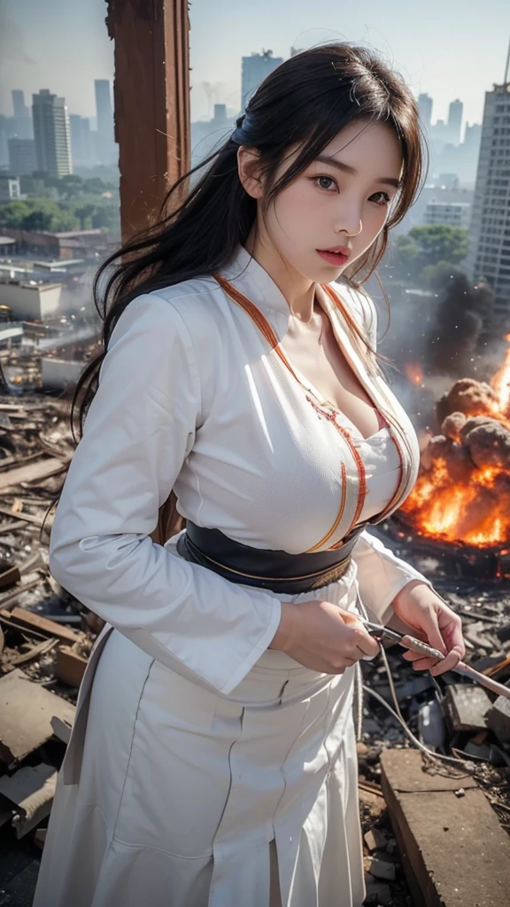 (16k, Best Quality:1.2)、masterpiece, (( very beautiful Japanese woman )),(( Japanese High School Girls Seen From Above))、Warrior costume、(((Big Breasts)))、(((Student Uniform)))、 ,  sharp focus around the crotch,,  Kampala, ( skin texture:1.1), Best Quality, 超 Kampala, (Realistic: 1.4), RAW Photos,  Super Real , (((The background is a destroyed city))),(((The background is a fallen skyscraper ))),(((Flames exploded in the background)))、、 holding a bow 、Traditional clothing that covers the chest、((Hair blowing in the wind))、(( long skirt ))、((Long sleeve clothes))　(Leather Breastplate)、 plump body 、