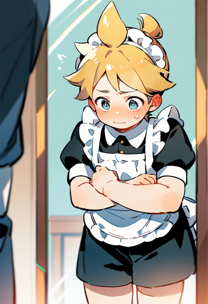 anime style, one boy, male child, cute, Kagamine Len, chubby body, maid clothing, black tight, embarrassed, standing in front of a mirror