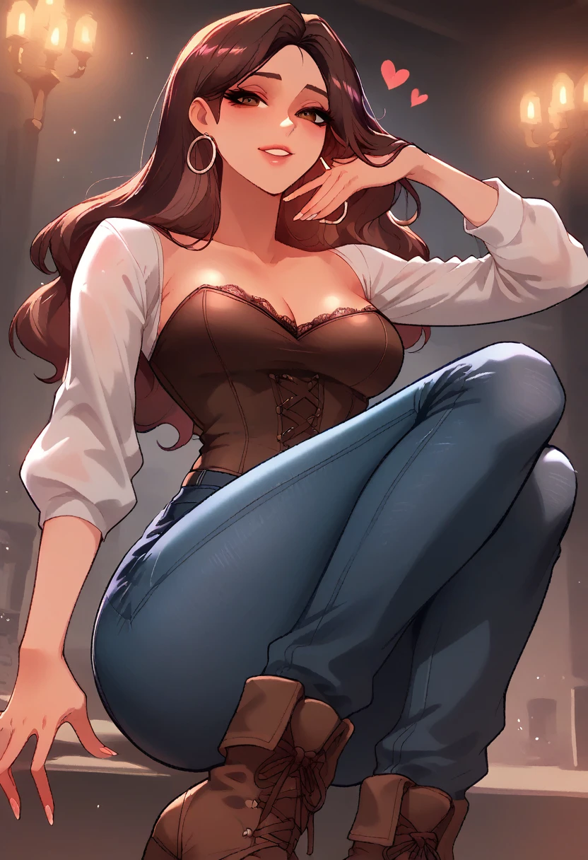 Ruby (fortnite) ,latina Medium skin tone, shape ass heart, curve body, Medium B size breast, ((luxury mansion office background)), ((NSFW)), ((night background)) , (masterpiece), best quality, expressive eyes, perfect face, (closeup view), ((1 girl solo)), reddish brown hair, wavy hairstyle, brown eyes, hourglass figure, thick thighs, long fingernails, white front lace blouse, long sleeve, loose fit, brown leather corset, brown leather pants jeans, brown boots, hoop earrings, miscellaneous jewelry