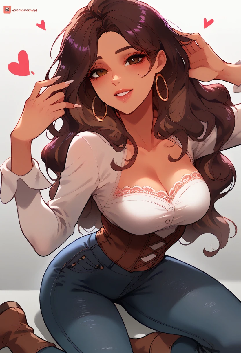 Ruby (fortnite) ,latina Medium skin tone, shape ass heart, curve body, Medium B size breast, ((luxury mansion office background)), ((NSFW)), ((night background)) , (masterpiece), best quality, expressive eyes, perfect face, (closeup view), ((1 girl solo)), reddish brown hair, wavy hairstyle, brown eyes, hourglass figure, thick thighs, long fingernails, white front lace blouse, long sleeve, loose fit, brown leather corset, brown leather pants jeans, brown boots, hoop earrings, miscellaneous jewelry