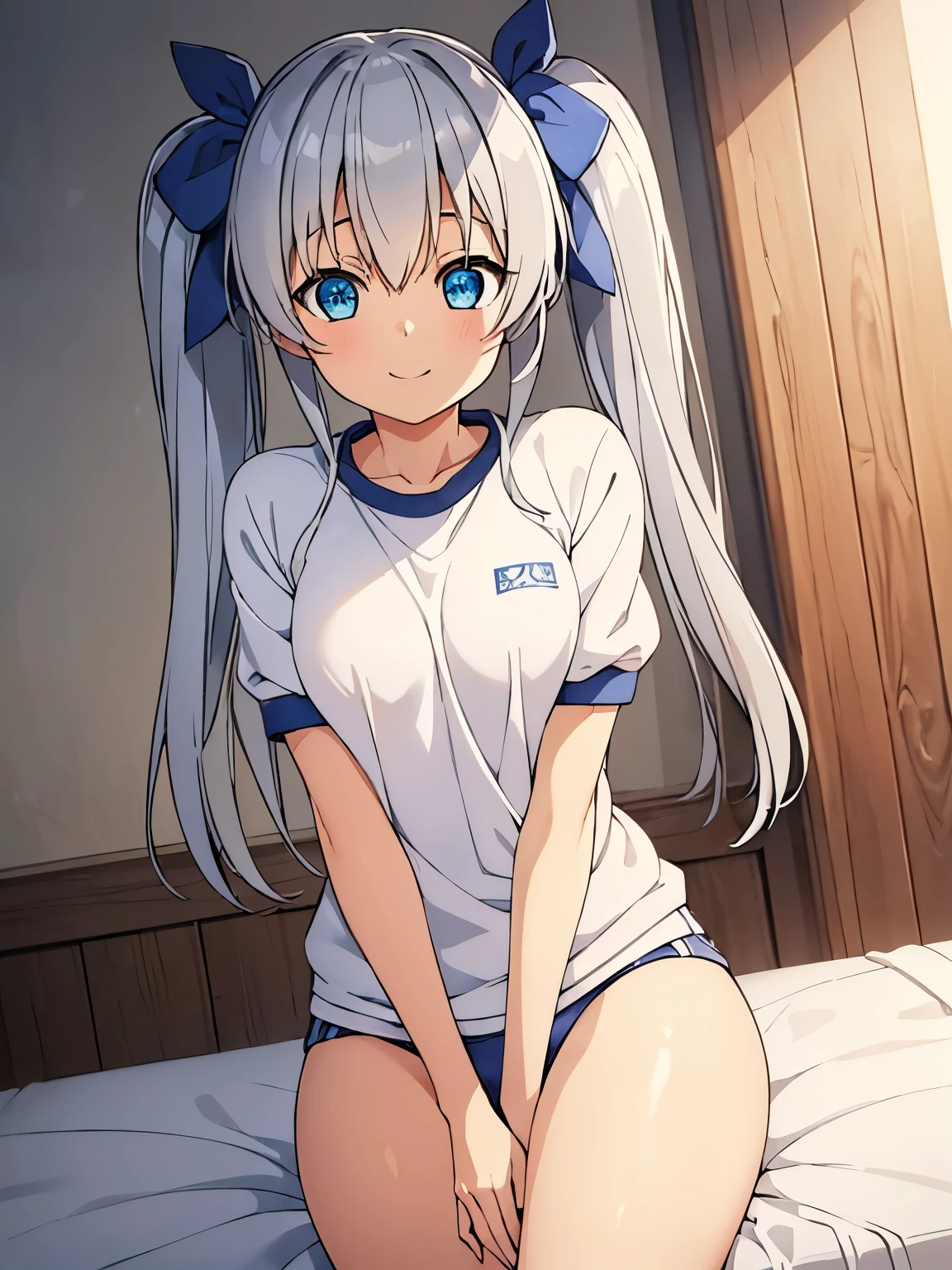 (8k、Best Quality、Best Quality、masterpiece)、Detailed face、One Girl、 

Silver Hair、 blue eyes 、ribbon、 twin tails、Small breasts、

1girl, celia claire,

gym outfit, white shirt,shorts,buruma,

Thighs、

smile、

lawn、