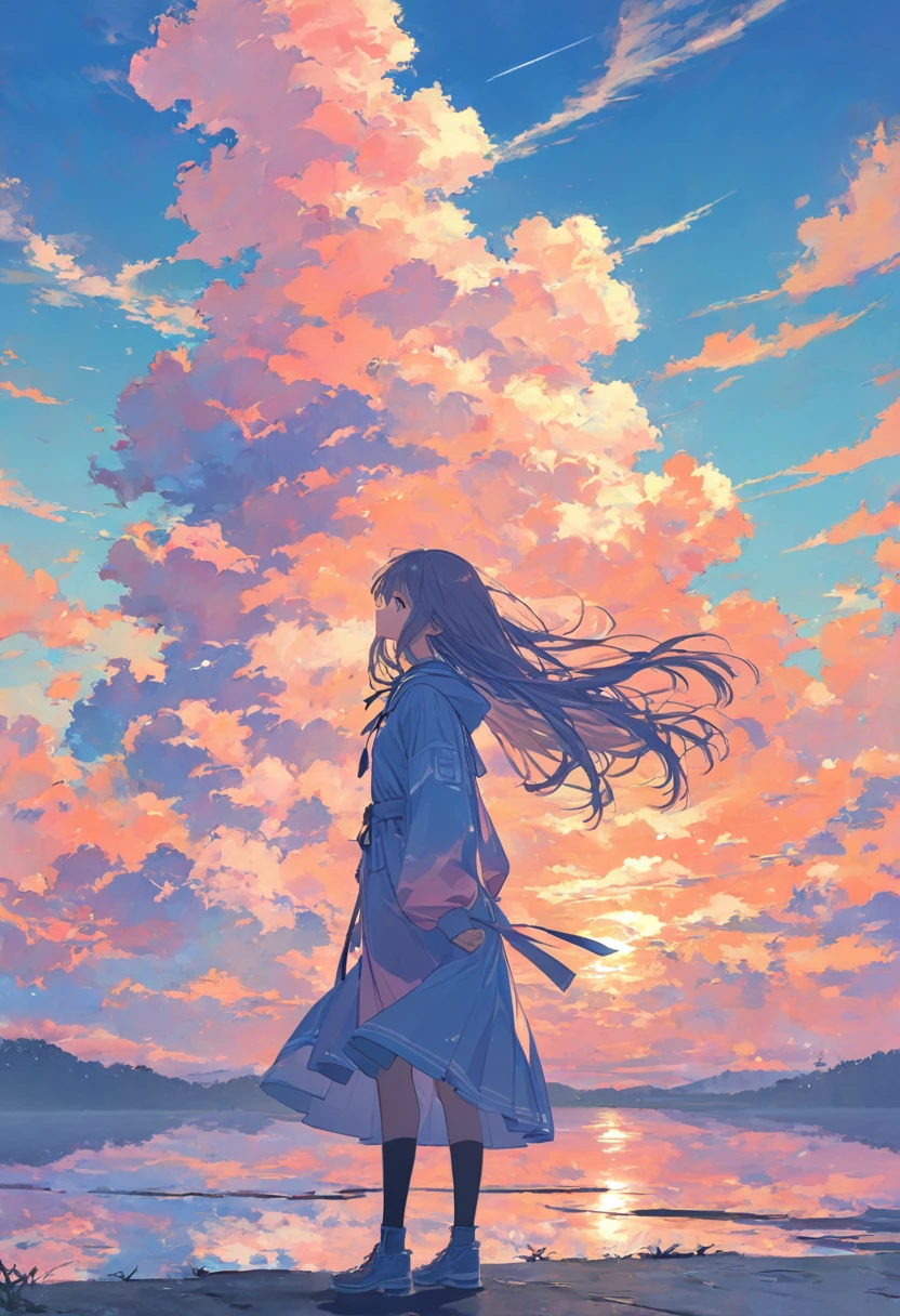 ((pastel))、 woman,pastelカラーの空の下,Pink and light blue sky, pink scaly clouds ,Orange Sunset,The sky shines light blue , seen from afar, moving scene 