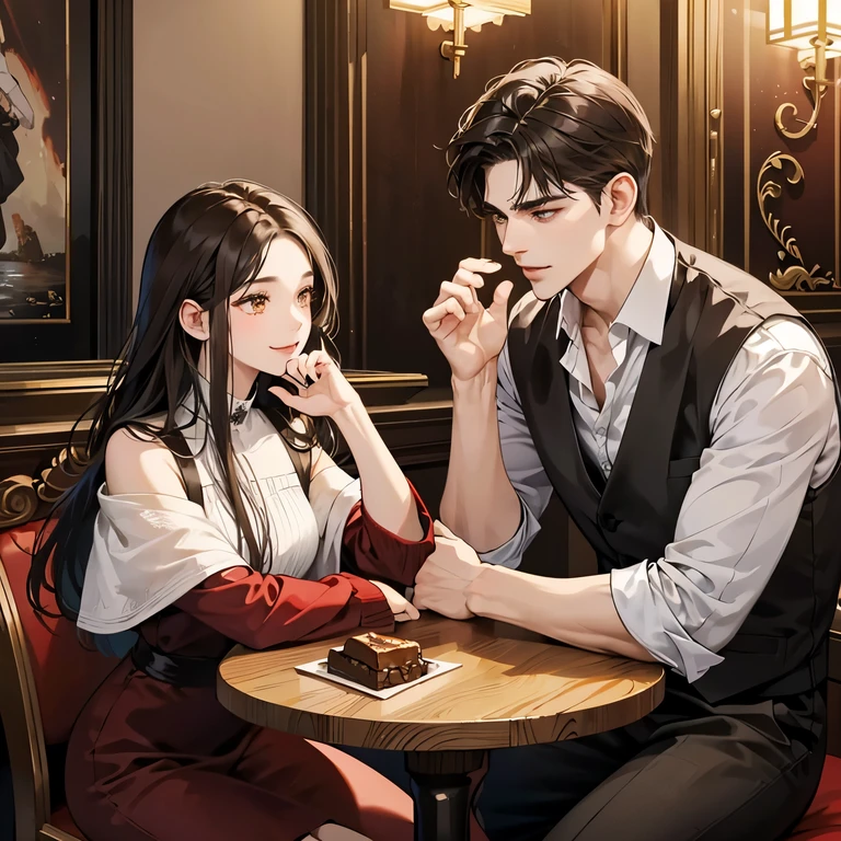 A 20-year-old waitress with short black hair in formal clothes and a 30-year-old male manager with short black hair in formal clothes，Wine glass in hand，Surprise respectful，Inside the bar，grand master，tmasterpiece，8k wallpaper，CG，Ultra-high image quality，light and shadow effect