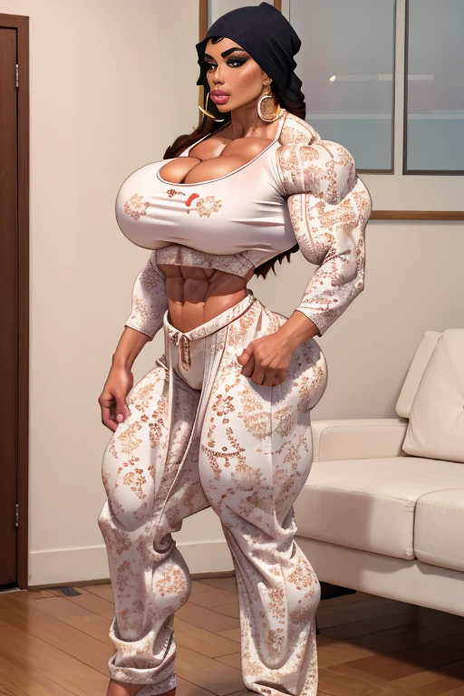 36 yo modest stern arabic woman, buff woman on steroids, large silicon lips, huge full lips with oversized fillers, huge bulging muscular body, massive quads, huge traps, massive female bodybuilder with hypermuscular bulging body, veiny vascular, hypermuscular body, enormous muscle mass, wearing pyjama, sleepy look, standing in a living room
