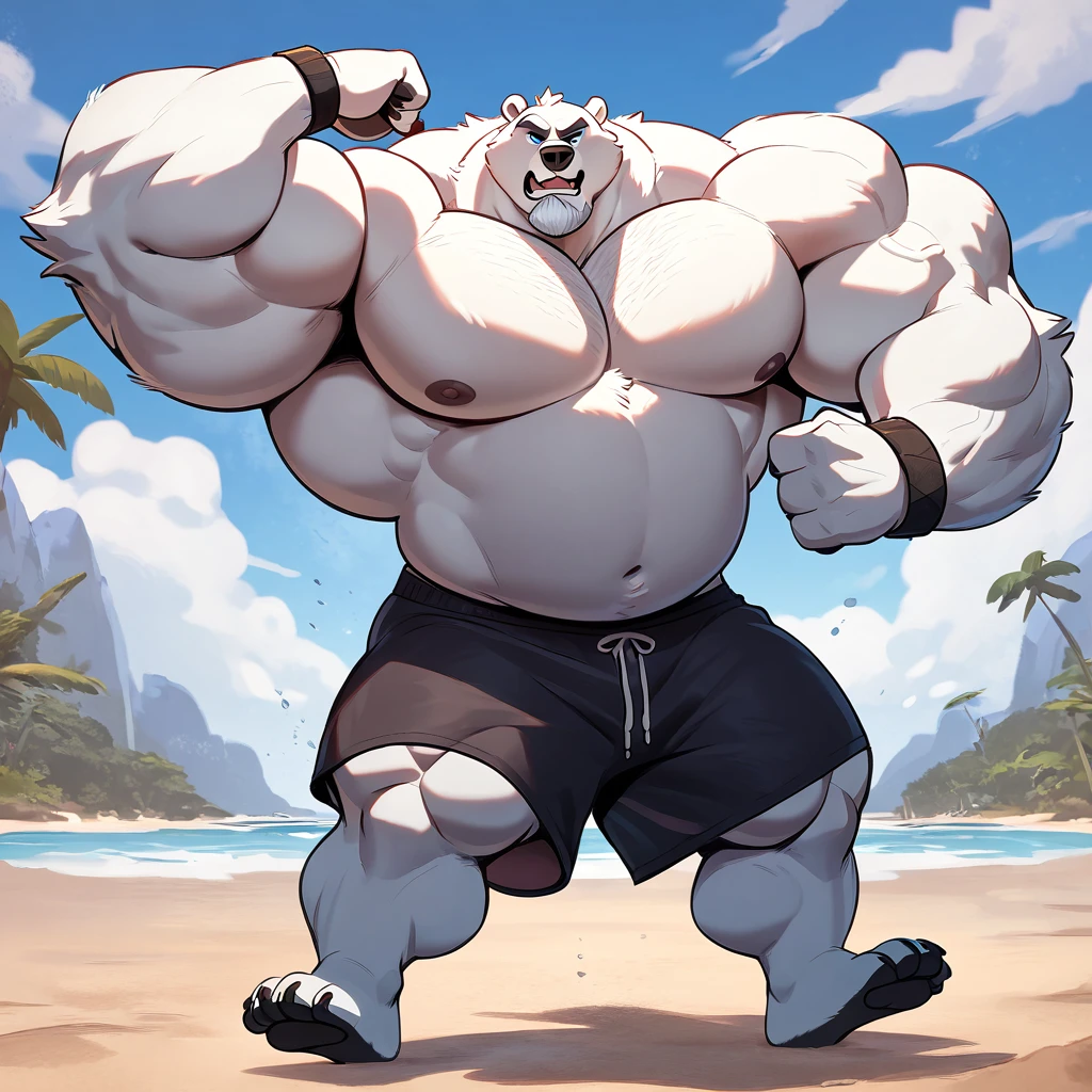 huge muscular polar bear in Tropical island beach, big grunting expression growl, polar bear, huge white fur, thick arm, huge arm, huge white fur, thick arm, huge arm, added gray mustache, added gray beard, short white hair, height: 220cm, weight: 440lbs, (veiny bulked up muscular, pectoral, wide pectoral, thick bulky arms), Walt Disney 2D Zootopia Animation Art Style, detailed gray eyebrows, detailed eyes with blue pupils, (wearing black swim trunks with blue slits, wristbands, shirtless, topless and feet), bouncing his pecs, flexing his biceps and his thorax