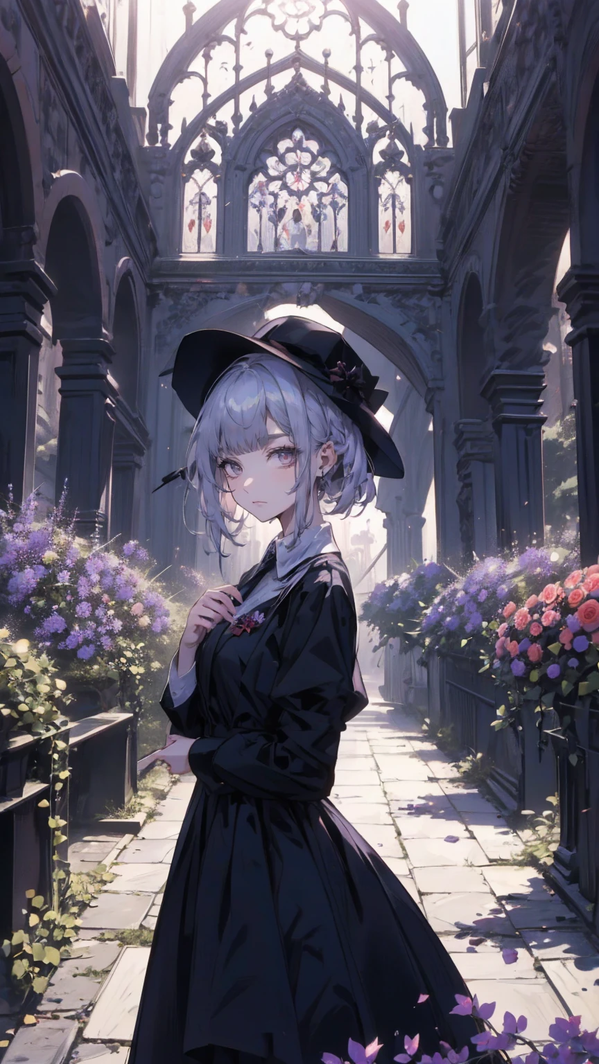 ネオゴススタイルの girl, Wearing a black dress and a white collar,   wearing a black hat  、Wearing heavy makeup,  stands in a mysterious garden 、Surrounded by vines . The garden is full of deep purple flowers.、Gothic architecture in the background。.  girl&#39;Iの髪は黒色、 her hair is long braided .、 red roses are attached to her side 。. Her eyes are sharp、It&#39;stabbing., Thick black eyeliner and long lashes. She has white skin.、Lips bright red.. The atmosphere is gloomy and eerie, Dim lighting casts long shadows.  This piece combines digital illustrations and photographs.., result、そのresult、Incredibly high resolution images。. Most colors are dark、I&#39;kind, Deep reds and purples create a dark beauty..  the overall style is neo-gothic ., Horror,    portrait photography ,  creating a unique and fascinating visual experience .Dark Imagery