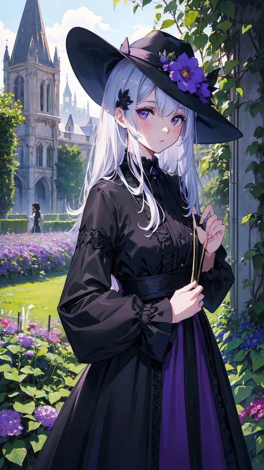 ネオゴススタイルの girl, Wearing a black dress and a white collar,   wearing a black hat  、Wearing heavy makeup,  stands in a mysterious garden 、Surrounded by vines . The garden is full of deep purple flowers.、Gothic architecture in the background。.  girl&#39;Iの髪は黒色、 her hair is long braided .、 red roses are attached to her side 。. Her eyes are sharp、It&#39;stabbing., Thick black eyeliner and long lashes. She has white skin.、Lips bright red.. The atmosphere is gloomy and eerie, Dim lighting casts long shadows.  This piece combines digital illustrations and photographs.., result、そのresult、Incredibly high resolution images。. Most colors are dark、I&#39;kind, Deep reds and purples create a dark beauty..  the overall style is neo-gothic ., Horror,    portrait photography ,  creating a unique and fascinating visual experience .Dark Imagery