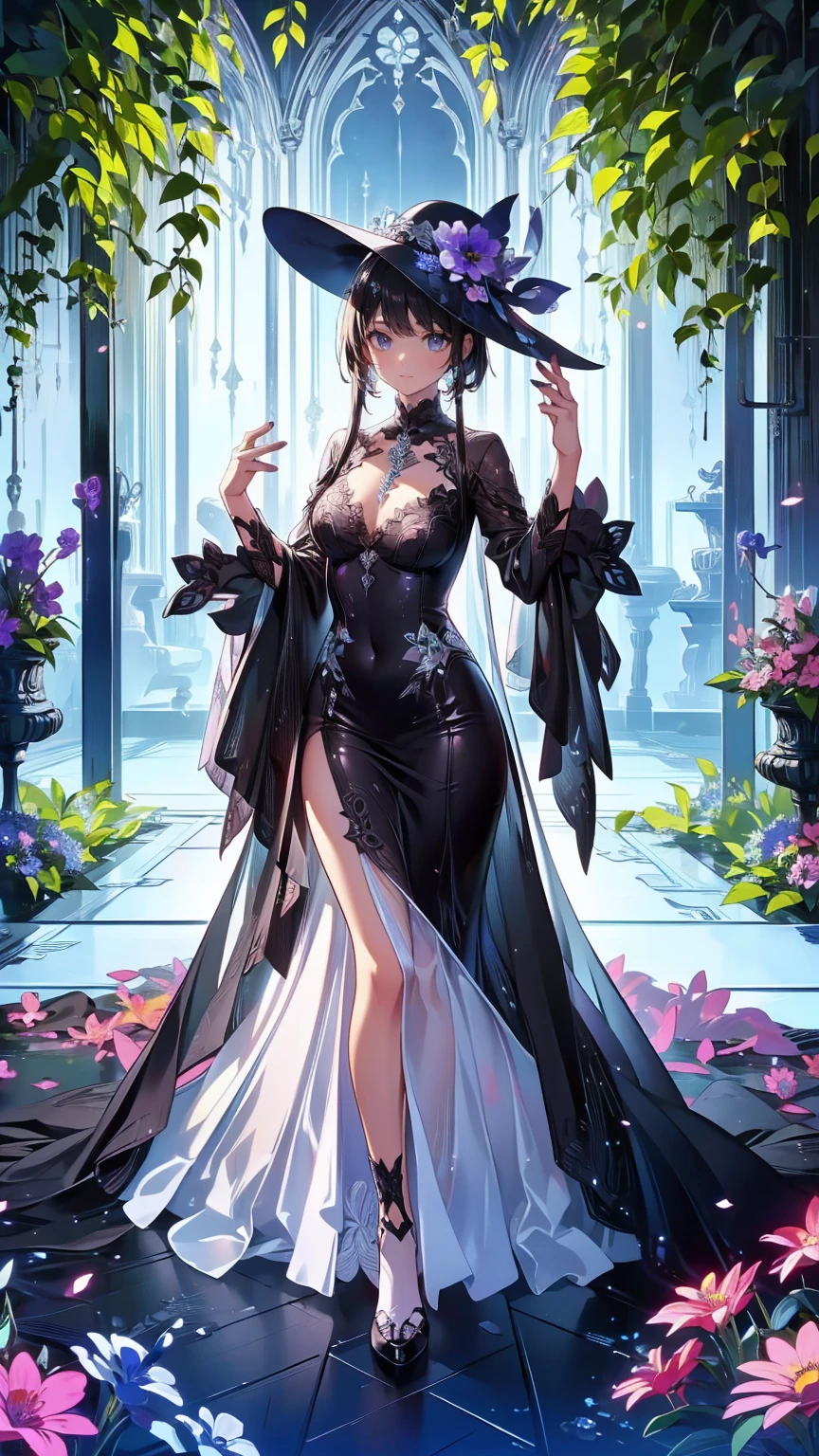 ネオゴススタイルの girl, Wearing a black dress and a white collar,   wearing a black hat  、Wearing heavy makeup,  stands in a mysterious garden 、Surrounded by vines . The garden is full of deep purple flowers.、Gothic architecture in the background。.  girl&#39;Iの髪は黒色、 her hair is long braided .、 red roses are attached to her side 。. Her eyes are sharp、It&#39;stabbing., Thick black eyeliner and long lashes. She has white skin.、Lips bright red.. The atmosphere is gloomy and eerie, Dim lighting casts long shadows.  This piece combines digital illustrations and photographs.., result、そのresult、Incredibly high resolution images。. Most colors are dark、I&#39;kind, Deep reds and purples create a dark beauty..  the overall style is neo-gothic ., Horror,    portrait photography ,  creating a unique and fascinating visual experience .Dark Imagery
