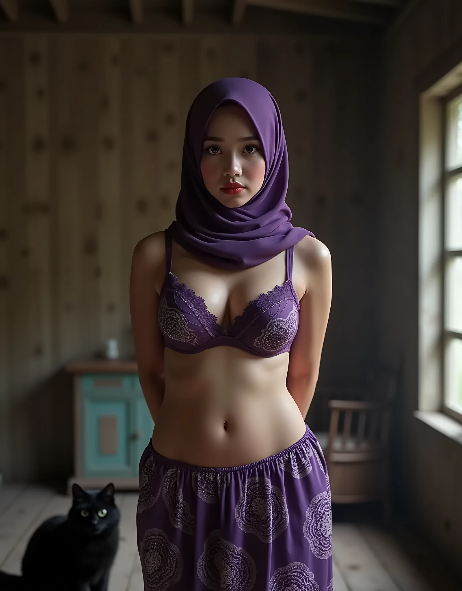 Photorealistic, ((silk SHORT HIJAB:1.5)), ((exposed natural breast:1.2, saggy and droopy)), (dynamic photograph of a 28 year old Indonesian woman), lying with spread legs on bed, (highly detailed face:1.4), (fatty body with busty posture:1.3), exquisite details, captivating beauty, confidence, elegance and charm, all eyes on her, desirable, irresistible temptation, sultry mood, enticing allure, sizzling sensuality, enticing curves, feminine grace, teasingly erotic, captivating busty body, naughty innocence, forbidden desire, unrestrained passion, creamy complexion, inviting gaze, bewitching smile, (romantic background, inside light, high contrast:1.1), (8k, uhd, raw, high quality, natural lighting, bokeh), (dramatic, award winning photography, incredible masterpiece:1.3), (((sexy sultry stare at camera:1.2))), ((she is ready to dominate you)), ((beautiful feminine face)), add_detail:1.2, ((topless:1.3, nobra:1.3)), ((hand covered her breast:1.3))