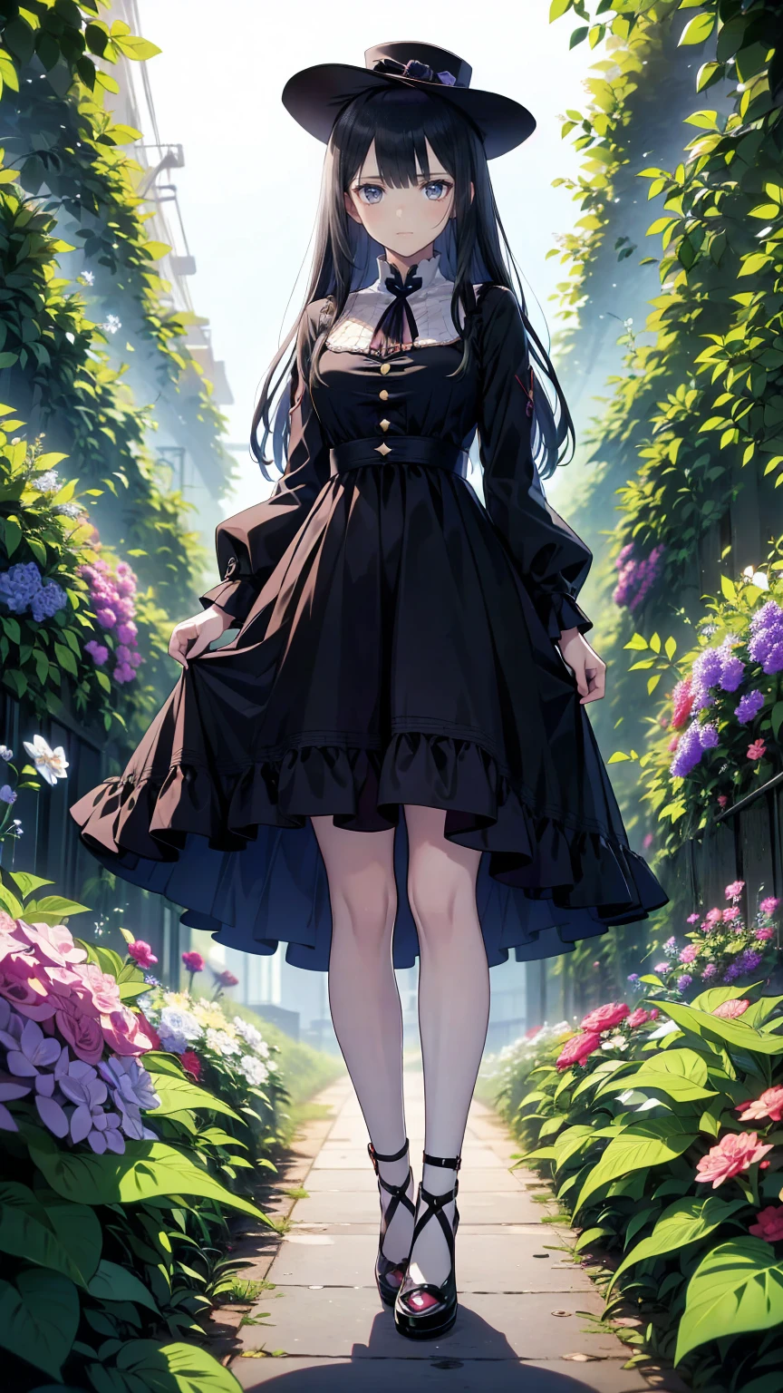 ネオゴススタイルの girl, Wearing a black dress and a white collar,   wearing a black hat  、Wearing heavy makeup,  stands in a mysterious garden 、Surrounded by vines . The garden is full of deep purple flowers.、Gothic architecture in the background。.  girl&#39;Iの髪は黒色、 her hair is long braided .、 red roses are attached to her side 。. Her eyes are sharp、It&#39;stabbing., Thick black eyeliner and long lashes. She has white skin.、Lips bright red.. The atmosphere is gloomy and eerie, Dim lighting casts long shadows.  This piece combines digital illustrations and photographs.., result、そのresult、Incredibly high resolution images。. Most colors are dark、I&#39;kind, Deep reds and purples create a dark beauty..  the overall style is neo-gothic ., Horror,    portrait photography ,  creating a unique and fascinating visual experience .Dark Imagery