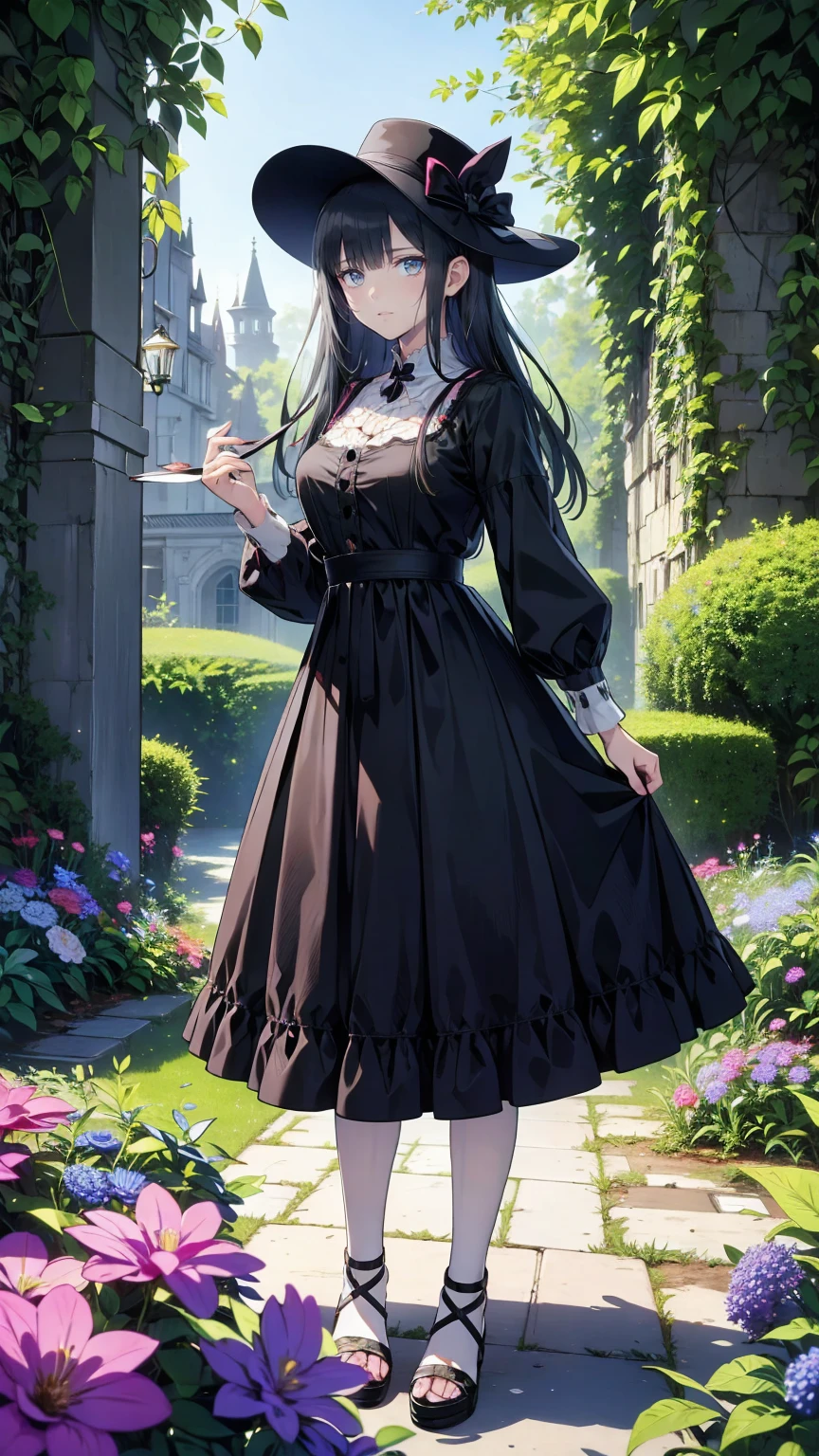 ネオゴススタイルの girl, Wearing a black dress and a white collar,   wearing a black hat  、Wearing heavy makeup,  stands in a mysterious garden 、Surrounded by vines . The garden is full of deep purple flowers.、Gothic architecture in the background。.  girl&#39;Iの髪は黒色、 her hair is long braided .、 red roses are attached to her side 。. Her eyes are sharp、It&#39;stabbing., Thick black eyeliner and long lashes. She has white skin.、Lips bright red.. The atmosphere is gloomy and eerie, Dim lighting casts long shadows.  This piece combines digital illustrations and photographs.., result、そのresult、Incredibly high resolution images。. Most colors are dark、I&#39;kind, Deep reds and purples create a dark beauty..  the overall style is neo-gothic ., Horror,    portrait photography ,  creating a unique and fascinating visual experience .Dark Imagery