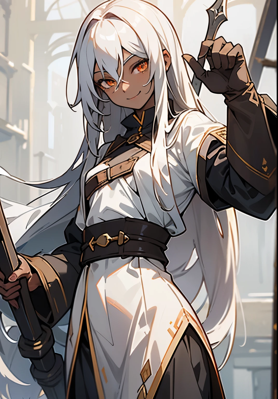 masterpiece, Dark skin, adult woman with long white hair and confident expressions, Smile , medieval blacksmith outfit, small breast, golden eyes