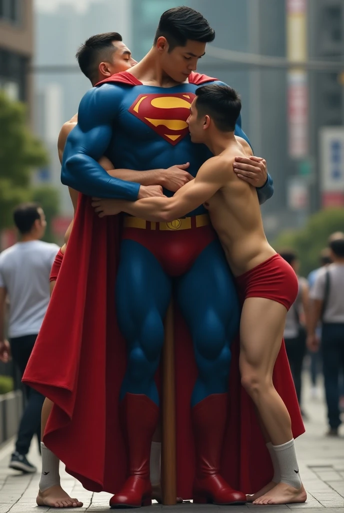 Superman,  30-year-old Korean face , Attractive, the blue Superman suit with muscular,, (Black undercut ,   blue leggings and red cape and red boots and red panties：0.8), 16k,UHigh quality, [dslr,  crazy details , Winning photos,HD 
Superman was tied to a wooden stick and unable to move in front of tokyo station. The two nude male wearing Nike white mid tube ，standing on either side of Superman and initiate a kiss.Superman enjoy the kiss.They kiss superman.kiss deep
