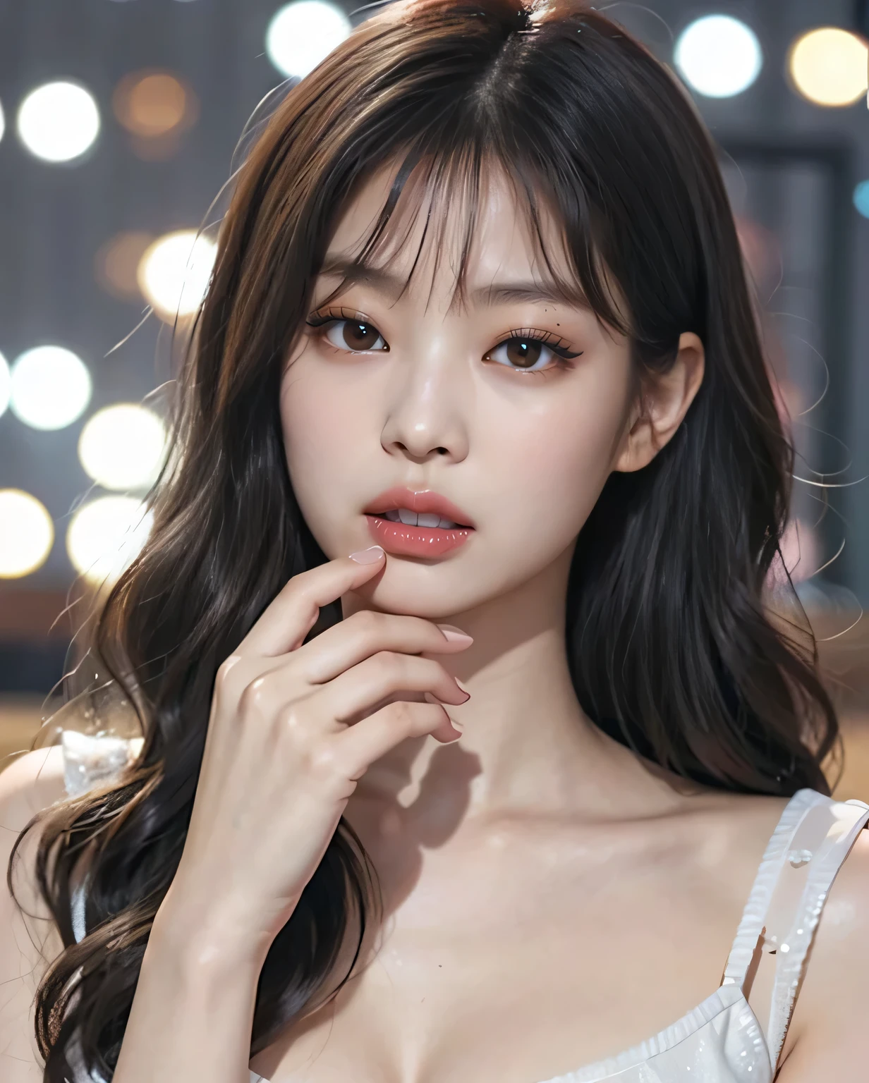 black pink jennie, almond eyes,    full lips, large and voluptuous breasts . flirtatious look. without bangs. flirtatious face