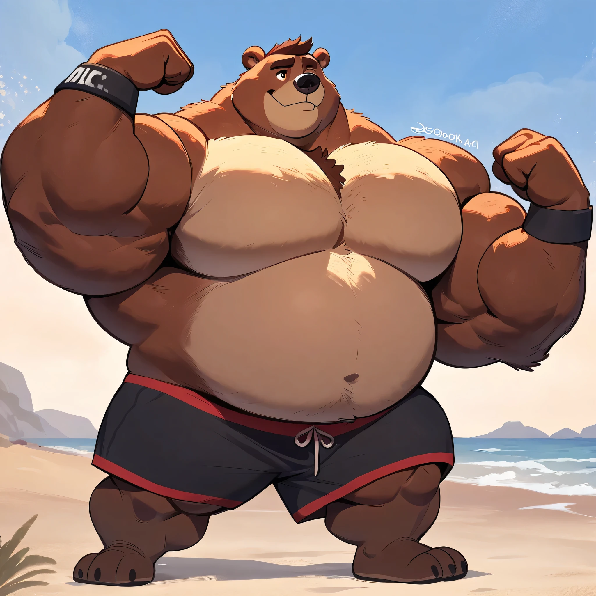 huge bulked up muscular kodiak bear in Californian beach, big grunting expression, big bulked up flexing body, kodiak bear, huge brown fur, thick arm, huge arm, added brown mustache, added brown beard, short brown hair, weight: 350lbs, (veiny bulked up muscular, pectoral, wide pectoral, thick bulky arms), Walt Disney 2D Zootopia Animation Art Style, detailed light brown eyebrows, detailed eyes with red pupils, (wearing black short trunks, wristbands, shirtless, topless, half naked and feet), flexing his thorax, hardcore 