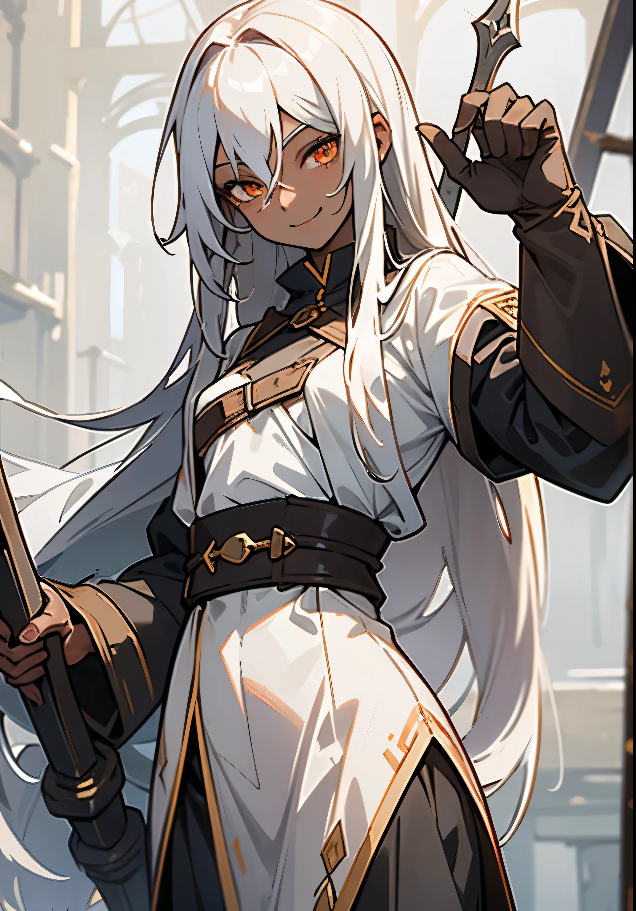 masterpiece, Dark skin, adult woman with long white hair and confident expressions, Smile , medieval blacksmith outfit, small breast, golden eyes