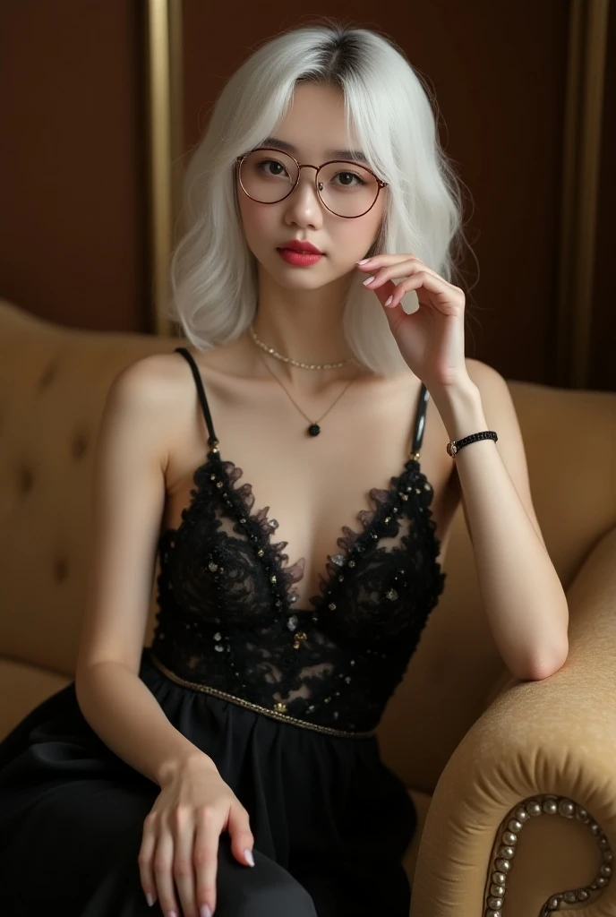 Beautiful and mature 70 year old Japanese woman with Glasses, Glasses , Married women, grandmother, wrinkled, Fine Lines, Long eyelashes, Shining Eyes, Short Bob, Silver Hair, (Bright red lipstick), elegant, Slim figure, Pink Cheeks, Pearl Necklace, Earrings, ((Beige bra)), ((Beige panties)), Small breasts, Small breasts, Flat Chest, On my hands and knees in bed, Pussy, Browsing Caution