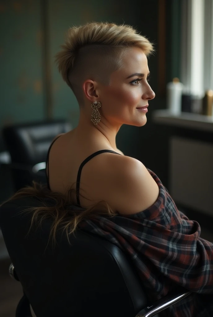 Sexy woman 50 years old , smiling , square cut with shaved nape, view of two , sitting in a barber chair , cut locks fallen on the ground and on his shoulders, close up on the back of the neck