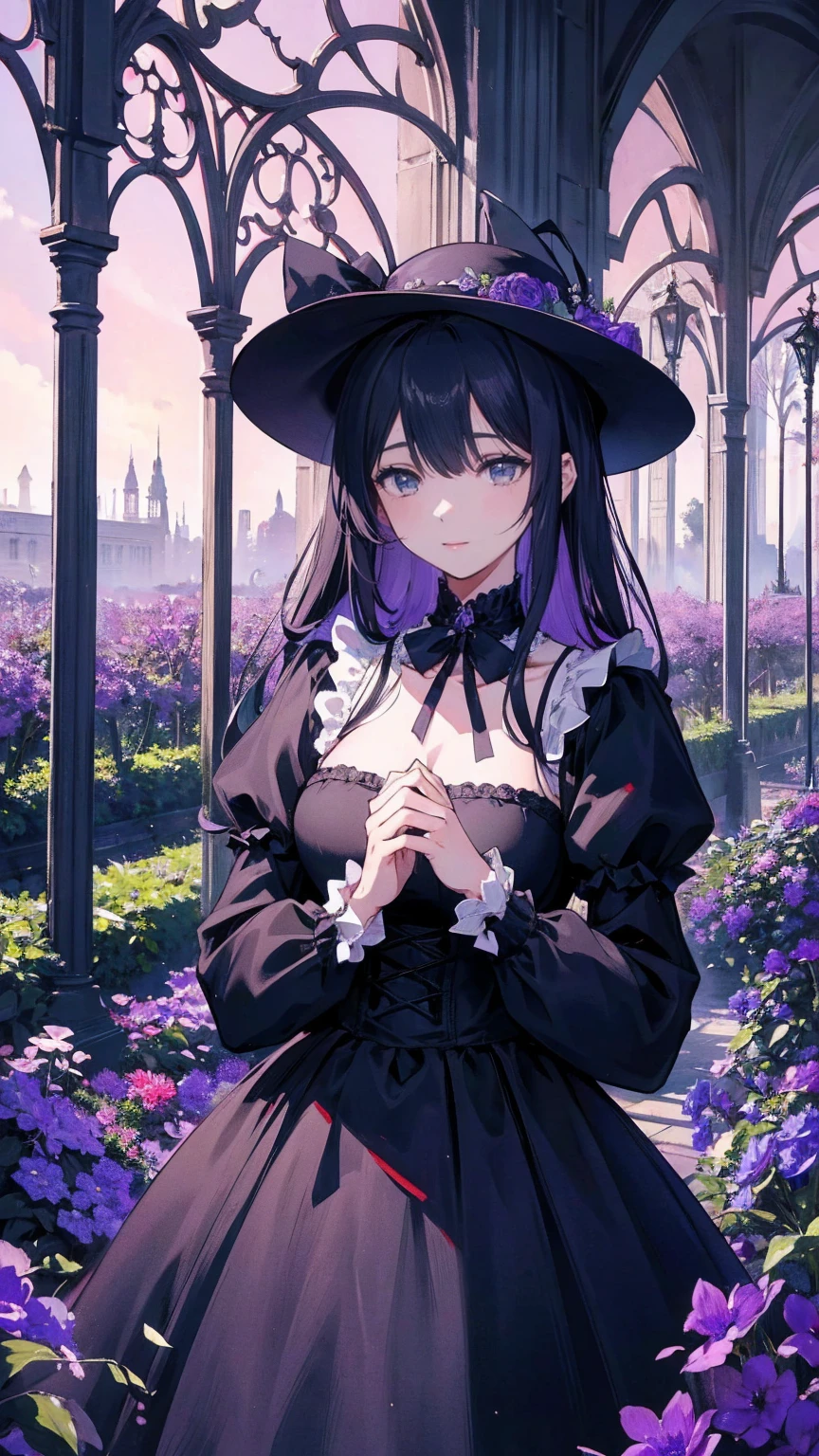 ネオゴススタイルの girl, Wearing a black dress and a white collar,   wearing a black hat  、Wearing heavy makeup,  stands in a mysterious garden 、Surrounded by vines . The garden is full of deep purple flowers.、Gothic architecture in the background。.  girl&#39;Iの髪は黒色、 her hair is long braided .、 red roses are attached to her side 。. Her eyes are sharp、It&#39;stabbing., Thick black eyeliner and long lashes. She has white skin.、Lips bright red.. The atmosphere is gloomy and eerie, Dim lighting casts long shadows.  This piece combines digital illustrations and photographs.., result、そのresult、Incredibly high resolution images。. Most colors are dark、I&#39;kind, Deep reds and purples create a dark beauty..  the overall style is neo-gothic ., Horror,    portrait photography ,  creating a unique and fascinating visual experience .Dark Imagery