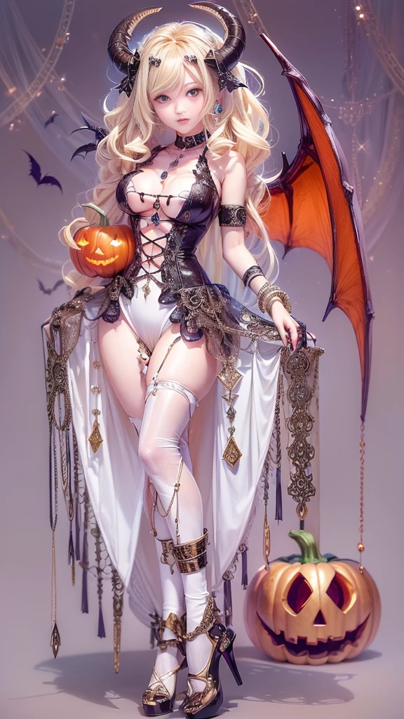 ( Photorealistic:1.9, Dark fantasy:1.9, Best Quality, masterpiece,  super high definition),  perfect dynamic composition :1.3,  Horror Portrait , ( trick or treat:1.3,  lots of pumpkins :1.3),  Halloween ,  slave,  Dark Demon World , Satanic, ( Wear elegant jewelry :1.4,  Wear elegant jewelry :1.4),  very detailed な肌と顔の質感:1.3, Very accurate,  very detailed , ( Her left foot is tightly chained {x} Please feel the beautiful eroticism {x} Sexy Succubus Devil with big wings:1.3,  Wear countless chains entangled in clothes :1.3, beautiful、Midea:1.3), Horn,  white skin, Sensual posture, (( Wear elegant jewelry :1.3)), ( Big Eyes That Exude Eroticism :0.4,  Please open your mouth a little, lipstick, beautifulエロティシズムを感じてください:0.9, Too sexy:0.9, charm的な:0.9), ((Bloody:1.5, Covered in scars:1.5, Necrosis :1.6,  Have countless chains entangled in clothes :1.6, Chain your right arm:1.5, Chain the left arm:1.5,  Properly put on clothing :1.5,  Incredibly slim body :1.5)),  Super Long Blonde Curly Hair ,  earrings with cups, necklace,  bracelet, romantic, Mysterious,  elegant, The object of admiration, original, dramatic, Artistic, Innovative, charm, Heartful, Gorgeous, sense of exaltation, Feelings of despair, sense of openness, sense of cleanliness , Special,  exciting , grotesque, Extreme, sense of loss, sorrow, sorrowの表現, ((悪魔のcharm, 女性的なcharm))