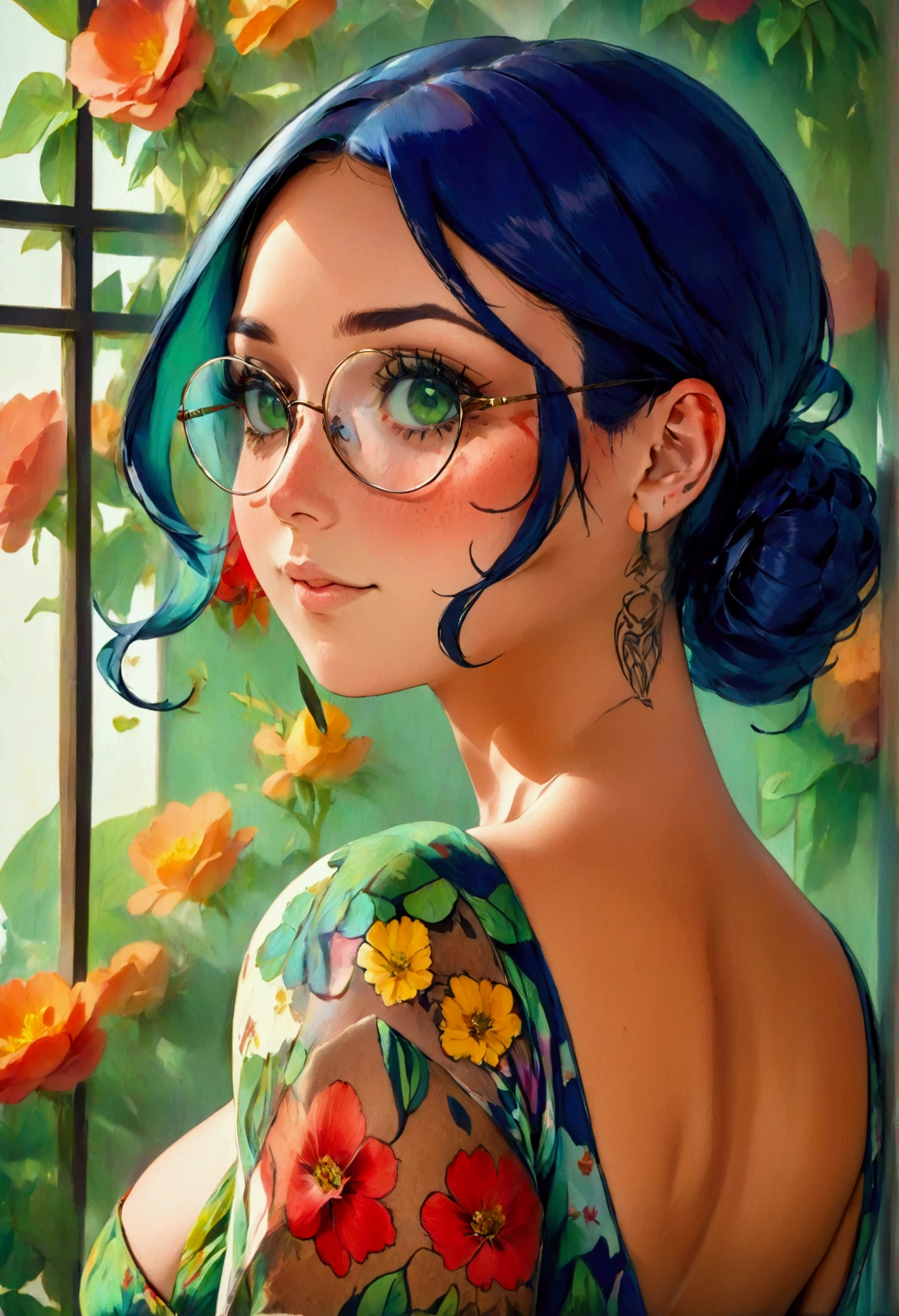 woman with navy blue hair, hair in neat tight bun, wearing round glasses, green eyes, classy makeup, wearing a floral gown, cleavage showing, soft facial expression, gentle smile, freckles, traditional style tattoos, busty, thicc