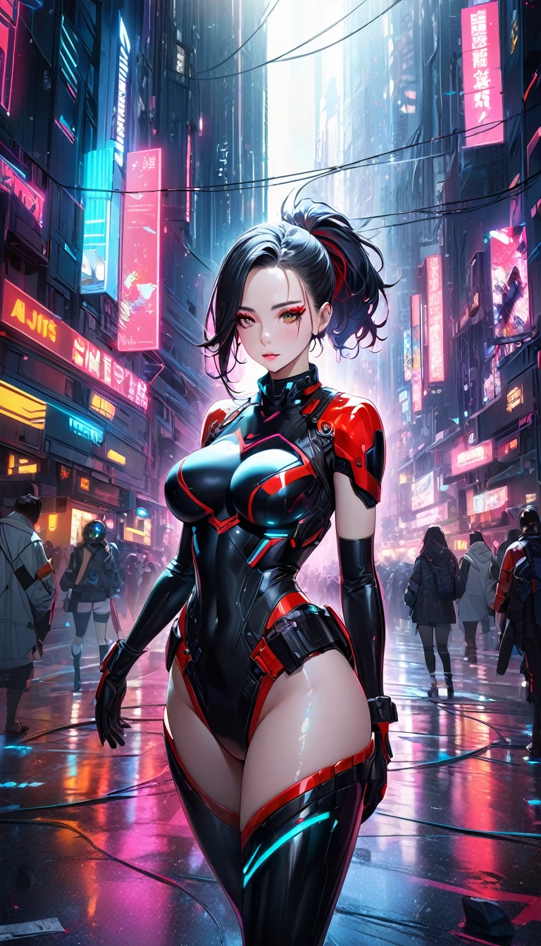 girl spacepunk,(((1girl))),((beautiful girl with spacesuit)), (large breasts:1.4),saggy breasts,((((long twin braids,tight braids,long braid,braided hair,long hime cut,dark hair,black hair,colored inner hair)))),(((red_eyes:1.3))),intricate eyes,beautiful detailed eyes,symmetrical eyes,((fat)),(((lustrous skin:1.5,bright skin: 1.5,skin tanned,shiny skin,very shiny skin,shiny body,plastic glitter skin,exaggerated shiny skin,illuminated skin,wet legs))),(spider lower abdomen,narrow waist,wide hip,athletic body,inflated legs,detailed body,(detailed face)), cute,slutty,seductive,erotic,(((nsfw))), revealing clothing,show skin,((underboob:1.5)),(cleavage),((space suit outfit, red space suit,short sleeve spacesuit)),(wearing a space suit outfit:1.3,space suit clothes),((zipper suit, zipper slightly unzipped))),((wet clothes,intricate outfit,intricate clothes)), (dynamic pose:1.0),solo focus,embarrassed,(centered,scale to fit dimensions,Rule of thirds), cyberpunk city by the ocean at night, with bright neon signs and dark stormy clouds and puddles, scenery:1.25,nighttime, starry night, cosmos,Very dark night that makes the neon lights stand out, very bright neon lights,nighttime, starry night, cosmos, artistic photography,(photography taken by sldr),highres, sharp focus,(ultra detailed, extremely detailed), (photorealistic artwork:1.37),(extremely detailed CG unity 8k wallpaper),((synthwave background theme)),(((vibrant colors))),intricate,(intricate background),(masterpiece),(best quality),perfect rendered face,perfect face details,realistic face,photo realistic,analog style,((intricate detail)),(((realism))),