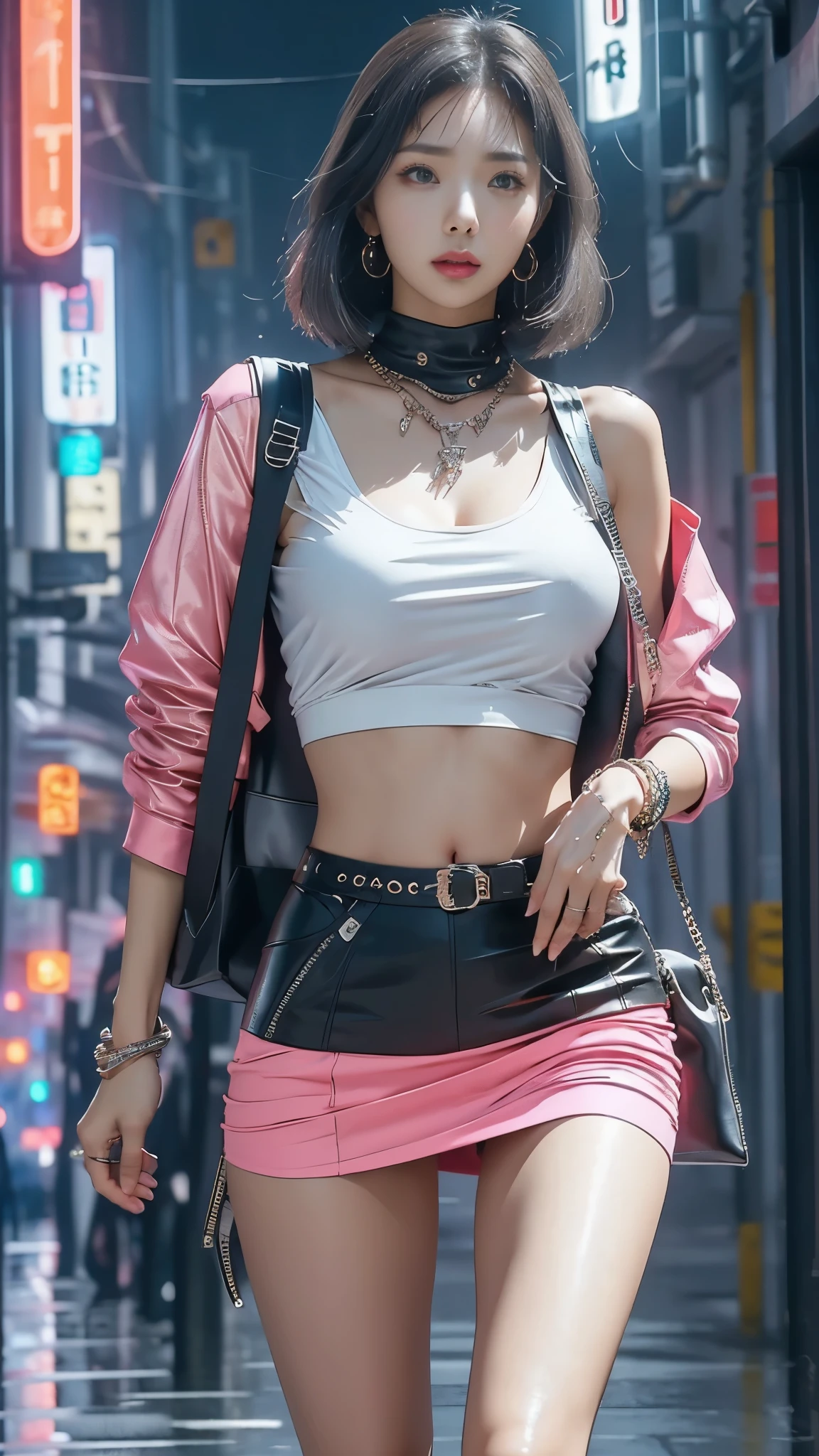 (Practical:1.3, 16K, best quality, masterpiece, Ultra-high resolution), ((light rain, From below)), Perfect dynamic composition:1.2, (Modern futuristic city at night, Sad expression:0.5, motorcycleに乗る), Highly detailed skin and facial texture, Japanese young woman, Ultra-thin body, White skin, Sexy Beauty, Very beautiful face, Beautiful and beautiful, (Pink tight skirt, Wear cyberpunk clothes), (Full breasts, chest gap), (Big eyes that exude beauty, Lips that exude beauty), necklace, earrings, bracelet, ring, Shoulder Bags, bell, sunglasses, motorcycle, Cowboy shooting