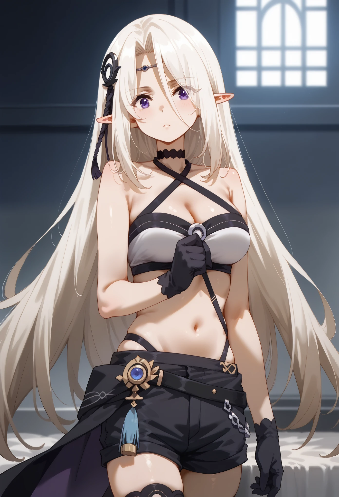 beatrix, long hair, bangs, purple eyes, white hair, pointy ears, elf, sheath, eyes visible through hair, hair ornament, thighhighs, gloves, navel, shorts, choker, black gloves, short shorts, black shorts, cleavage, bare shoulders, halterneck, criss-cross halter,
