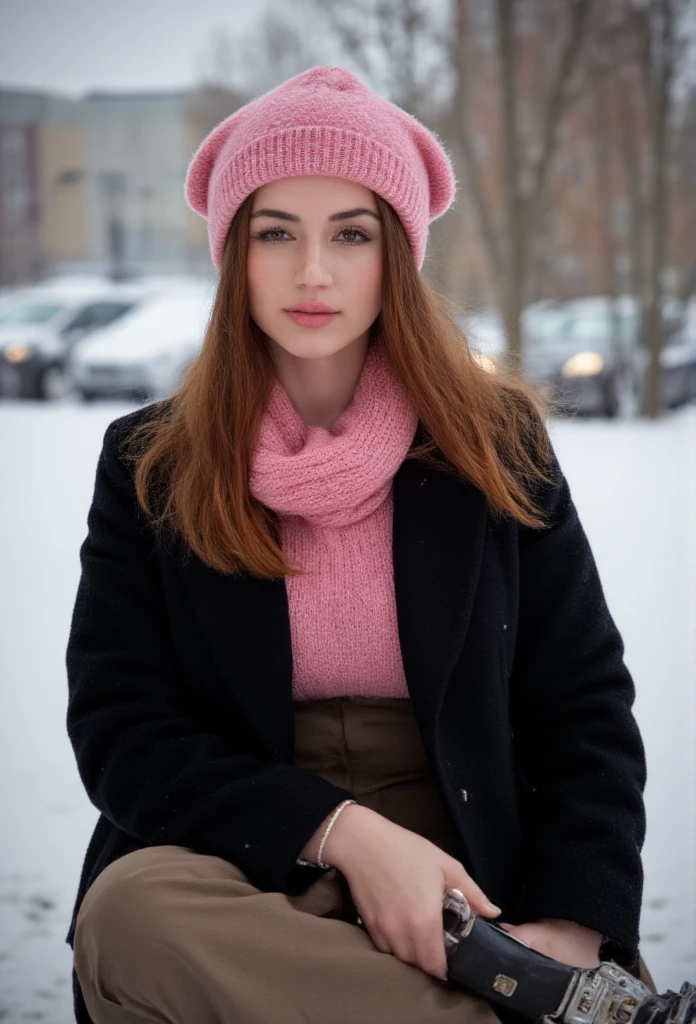  ((Masterpiece)) ((Photography)) ((Highest quality)), ultra-realistic winter scene. A red-haired woman sitting on a bench, wearing a warm black fur winter coat, a soft grey scarf, and a matching knitted hat. Snow is gently falling around her, creating a serene atmosphere. The background shows a snowy cityscape with soft lighting. Captured in perfect clarity, the focus is on her calm expression, framed by her dark hair and pink winter accessories. ((Nikon D850)) with ((85mm f/1.4 lens)), ((ISO 100)), ((f/1.4 aperture)), and ((1/4000 shutter speed)), creating an image with precise detail and natural colors.