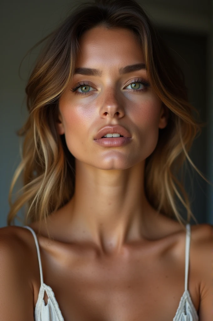(photo realism 1.2) Beautiful, very realistic woman with fine features and a square jaw. Highly detailed dark green eyes and shoulder-length light brown hair. with a large, slightly sagging chest very detailed