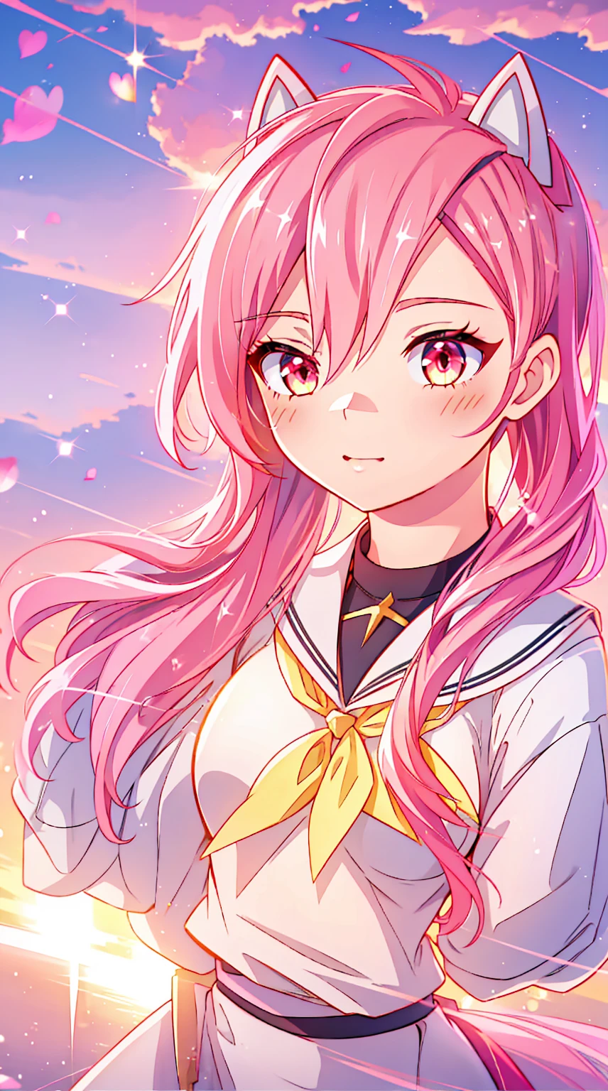 sunrise, skyline, sunrise, good quality shining golden and red eyes1 girl , long pink hair, she wears , very long hair, bright pink hair ,glowing eyes、( highest quality 、very detailed、cute、 high resolution ) 、High-School-Uniform｛Sailor suit、red neckerchief、Short-sleeved、Faltenrock cat yers anime girl, about in a schoolgirl outfit showing her , shows her breasts naked , nake anime girl, about in a schoolgirl outfit showing her
