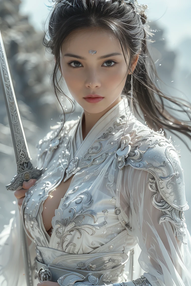 (masterpiece, born, 32K,  super high definition,   HYPERREALISTIC ,  best quality ), swordswoman, 1 girl  (Beautiful Face,  super model ) , charming smile,  Black Hair  ,Blue Sky, Blurred,  Brown Eyes  , closed mouth ,cloud ,day ,eyelash ,Grey Eyes,  holding a sword , lips ,Long Hair,  staring at viewers , mountain, snow ,Alone ,sword ,water, arms, wind ,winter, sword ,Hanfu, masterpiece,Game Art,  best image quality  ,  highest resolution  ,8k,( portrait),  Unreal Engine 5 Rendering Works  ,( digital photo ),(( portrait Feature:1.5)),  20 year old girl ,Short hair details, long bangs ,( red eye makeup is very careful ),(Long white hair:1.4),(big, Ample breasts),Elegant and noble,Brave and attractive, ( Futuristic armor combining features of ancient Chinese armor,Hollow design,Power Armor,Mysterious oriental characters,Delicate dress patterns,Magic Flash),Future Warrior, Cyberpunk Characters ,Background to the War, Cinema Lighting， ray tracing，Game CG，((3d unreal engine))，  OC Rendering Reflection Patterns  