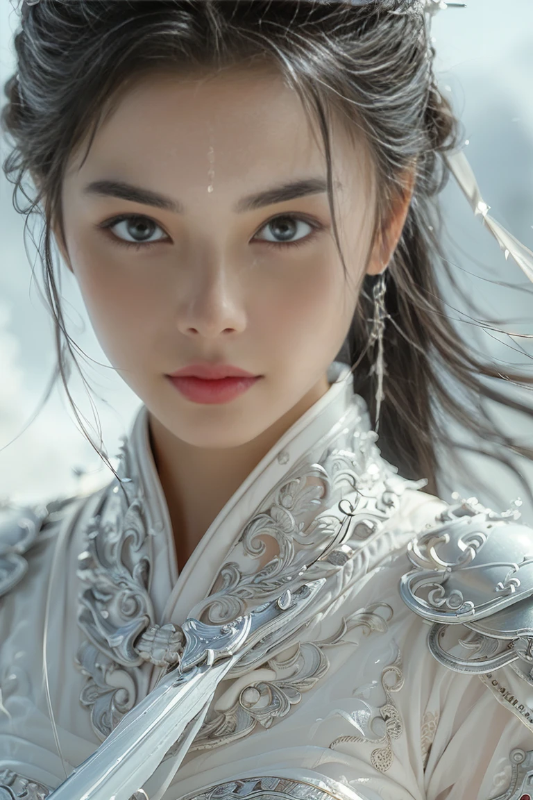 (masterpiece, born, 32K,  super high definition,   HYPERREALISTIC ,  best quality ), swordswoman, 1 girl  (Beautiful Face,  super model ) , charming smile,  Black Hair  ,Blue Sky, Blurred,  Brown Eyes  , closed mouth ,cloud ,day ,eyelash ,Grey Eyes,  holding a sword , lips ,Long Hair,  staring at viewers , mountain, snow ,Alone ,sword ,water, arms, wind ,winter, sword ,Hanfu, masterpiece,Game Art,  best image quality  ,  highest resolution  ,8k,( portrait),  Unreal Engine 5 Rendering Works  ,( digital photo ),(( portrait Feature:1.5)),  20 year old girl ,Short hair details, long bangs ,( red eye makeup is very careful ),(Long white hair:1.4),(big, Ample breasts),Elegant and noble,Brave and attractive, ( Futuristic armor combining features of ancient Chinese armor,Hollow design,Power Armor,Mysterious oriental characters,Delicate dress patterns,Magic Flash),Future Warrior, Cyberpunk Characters ,Background to the War, Cinema Lighting， ray tracing，Game CG，((3d unreal engine))，  OC Rendering Reflection Patterns  