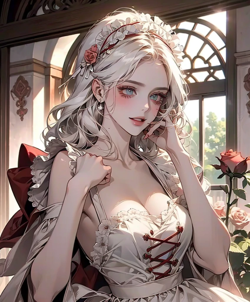 Nsfw, ((((masterpiece, best quality, high resolution)))), 1girl, white hair, red eyes, short wavy hair, (large breasts: 1.2), blush, light smile, parted lips, glow, thighs, bare shoulders, collarbone, narrow waist, cleavage, (beautiful detailed face, beautiful detailed eyes), long slender thighs, perfect eyes, (maid outfit, maid apron, maid headband), (sunbeam, sunlight, rose, wind, cafe),
