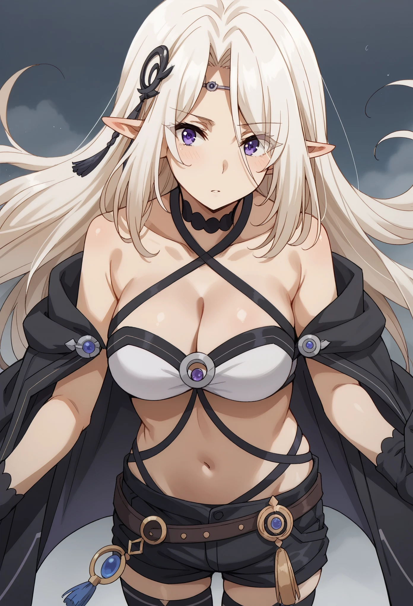 beatrix, long hair, bangs, purple eyes, white hair, pointy ears, elf, sheath, eyes visible through hair, hair ornament, thighhighs, gloves, navel, shorts, choker, black gloves, short shorts, black shorts, cleavage, bare shoulders, halterneck, criss-cross halter,
