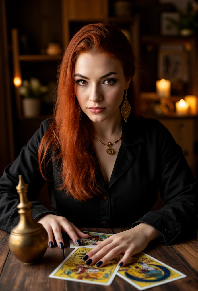  ((Masterpiece)) ((Photography)) ((Highest quality)), ultra-realistic portrait of a beautiful gypsy fortune-teller inside her caravan. Tarot cards from the Marseille deck are laid out on the table. The gypsy has fiery red hair and a diabolical gaze, her eyes glowing in the color of fire. Her nails are painted black, and she wears golden cabalistic jewelry, including large earrings. The atmosphere is mystical and intense, with soft lighting casting shadows inside the caravan. ((Nikon D850)) with ((85mm f/1.4 lens)), ((ISO 100)), ((f/1.4 aperture)), and ((1/2500 shutter speed)), capturing every intricate detail of the scene.