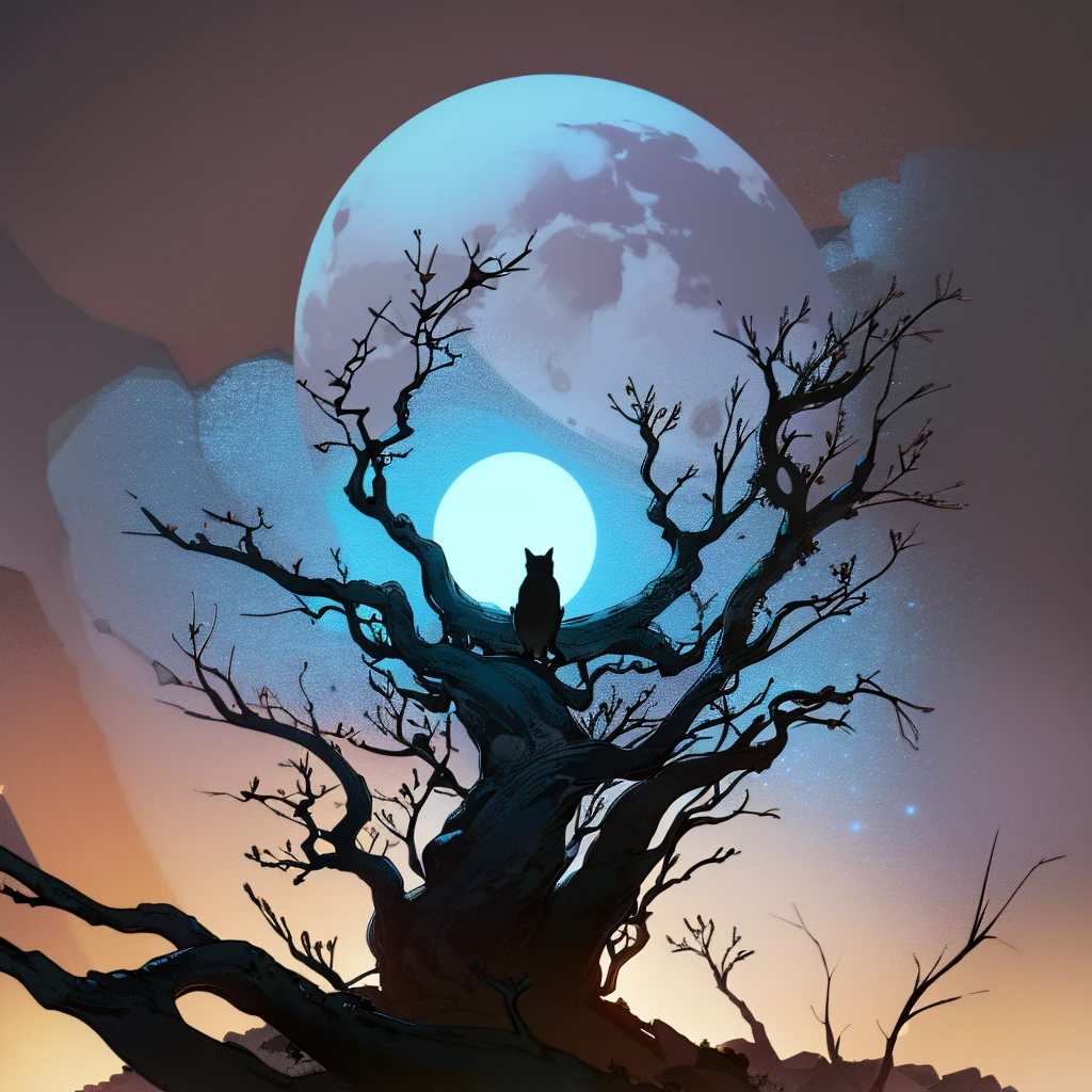 A sleek, black cat with luminous, mesmerizing eyes sits perched on the thick, rugged branch of an ancient and twisted tree. The bark is rough and gnarled, showing the age and history of the tree, while delicate, thin branches reach out like skeletal fingers. Behind the cat, a massive full moon dominates the sky, casting a bright silver glow over the entire scene. The moonlight catches the cat's eyes, making them shine with an almost supernatural brilliance, reflecting the moon's cool, ethereal light. The background is a sea of deep blues and silvery grays, with wispy clouds partially veiling the moon, adding to the mystical atmosphere. The cat's silhouette is sharply defined against the moon's radiant light, giving it an ethereal and almost ghostly appearance. The entire scene is bathed in a serene yet haunting ambiance, blending the enchanting with the mysterious.