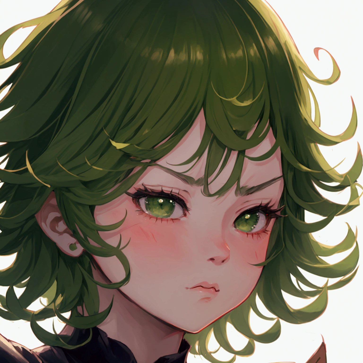 A girl alone, Tatsumaki, cute girl, 4k, beautiful work, beautiful detailed close up portrait,  cute angry face, Chubby pout, super detailed, very erotic, very sexy,  Tatsumae One Punch Man , cute short detailed green hair,  side profile .