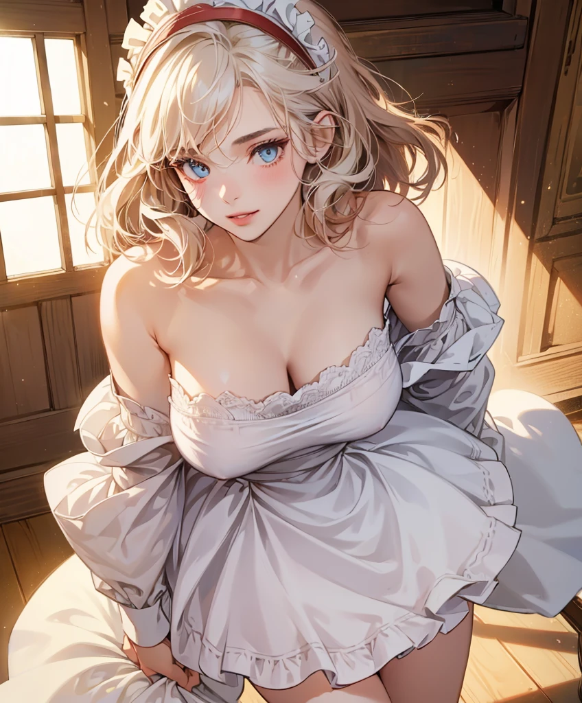 Nsfw, ((((masterpiece, best quality, high resolution)))), 1girl, white hair, red eyes, short wavy hair, (large breasts: 1.2), blush, light smile, parted lips, glow, thighs, bare shoulders, collarbone, narrow waist, cleavage, (beautiful detailed face, beautiful detailed eyes), long slender thighs, perfect eyes, (maid outfit, maid apron, maid headband), (sunbeam, sunlight, rose, wind, cafe),
