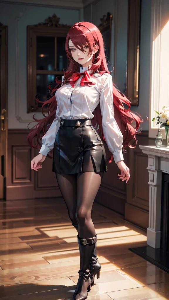  The best quality, ( masterpiece :1.3),  cinematic lighting , ultra-detail, (highres:1.1), mitsuru kirijou, standing, front view,  looking at the viewer, long dark red hair, ( hair covering a right eye ),  detailed eyes , red eyes,  Big breasts, choker:1.6, red bow on the chest , ((White buttoned shirt)), (shiny black miniskirt), (dark brown tights), (black boots), elegant room, mansion, night