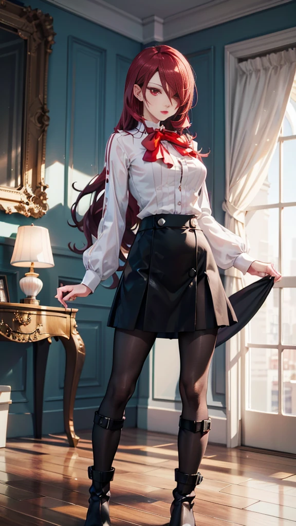  The best quality, ( masterpiece :1.3),  cinematic lighting , ultra-detail, (highres:1.1), mitsuru kirijou, standing, front view,  looking at the viewer, long dark red hair, ( hair covering a right eye ),  detailed eyes , red eyes,  Big breasts, choker:1.6, red bow on the chest , ((White buttoned shirt)), (shiny black miniskirt), (dark brown tights), (black boots), elegant room, mansion, night