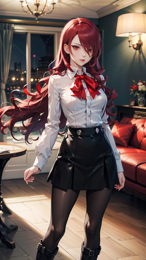  The best quality, ( masterpiece :1.3),  cinematic lighting , ultra-detail, (highres:1.1), mitsuru kirijou, standing, front view,  looking at the viewer, long dark red hair, ( hair covering a right eye ),  detailed eyes , red eyes,  Big breasts, choker:1.6, red bow on the chest , ((White buttoned shirt)), (shiny black miniskirt), (dark brown tights), (black boots), elegant room, mansion, night