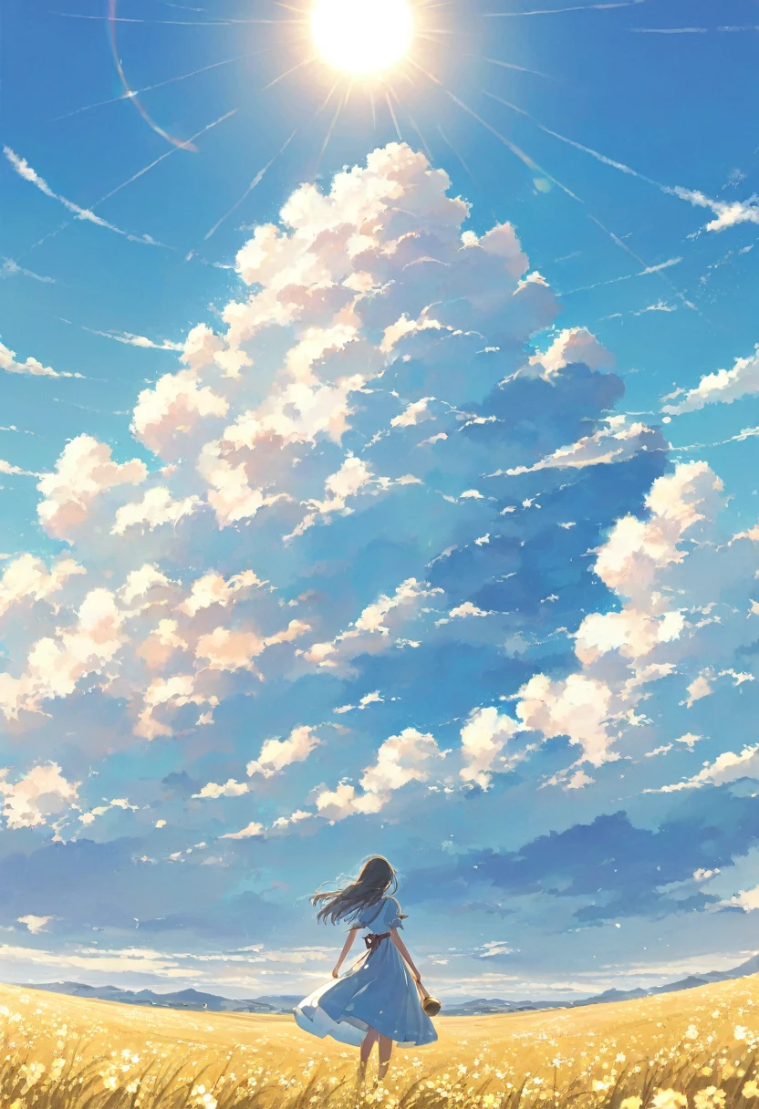 ((pastel))、 woman,Wearing a dress,Standing on the Plains,blue sky,黄金の鐘がおいてある,There is a golden bell the size of a woman ,Sunshine,The sky shines light blue , seen from afar, moving scene 